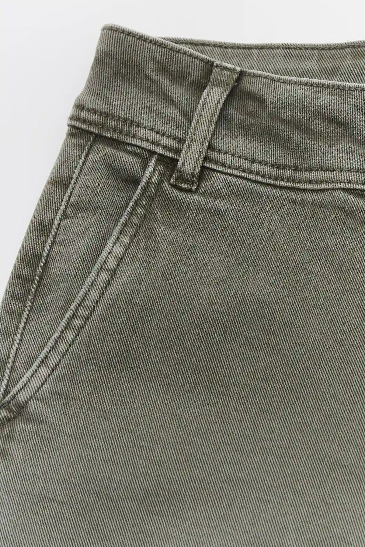 Olive Denim Wide Leg Jeans Waistband Close-Up - Belt Loop & Twill Fabric Texture Detail | Avara