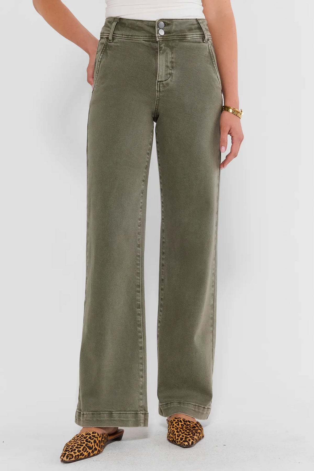Olive Wide Leg Jeans Women's Front View - Kameron by Risen, Double-Button High Rise | Avara