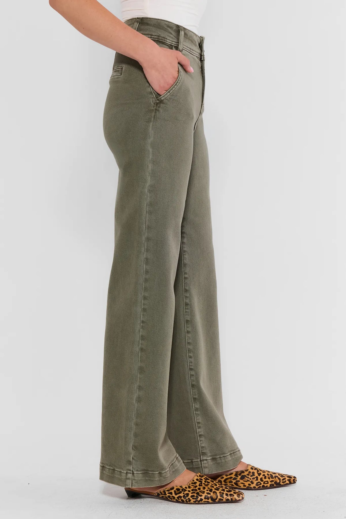 Olive Wide Leg Jeans Side Profile View - Kameron Long Inseam Silhouette, Hand in Pocket | Avara