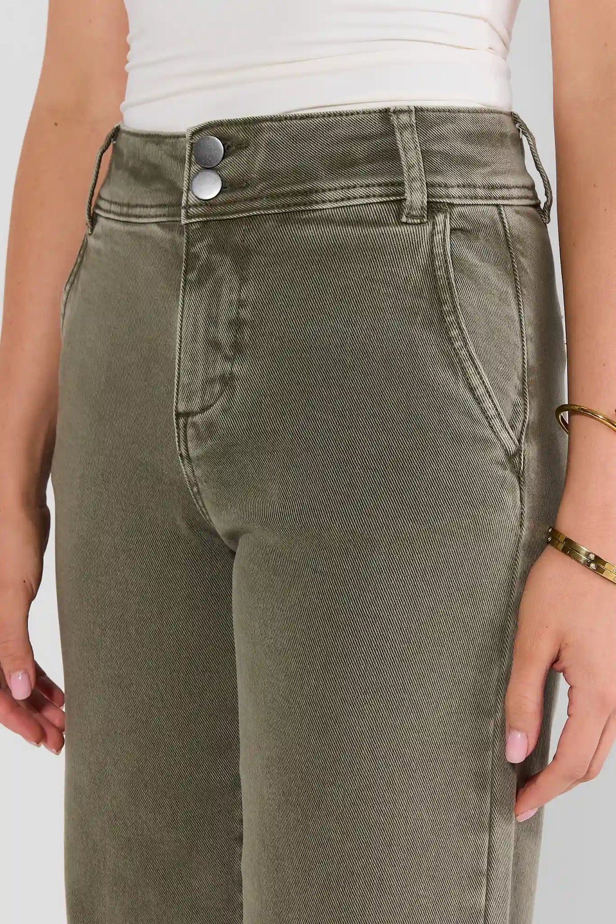 Olive Wide Leg Jeans Double-Button Waist Close-Up - Front Pocket Detail, Kameron by Risen | Avara