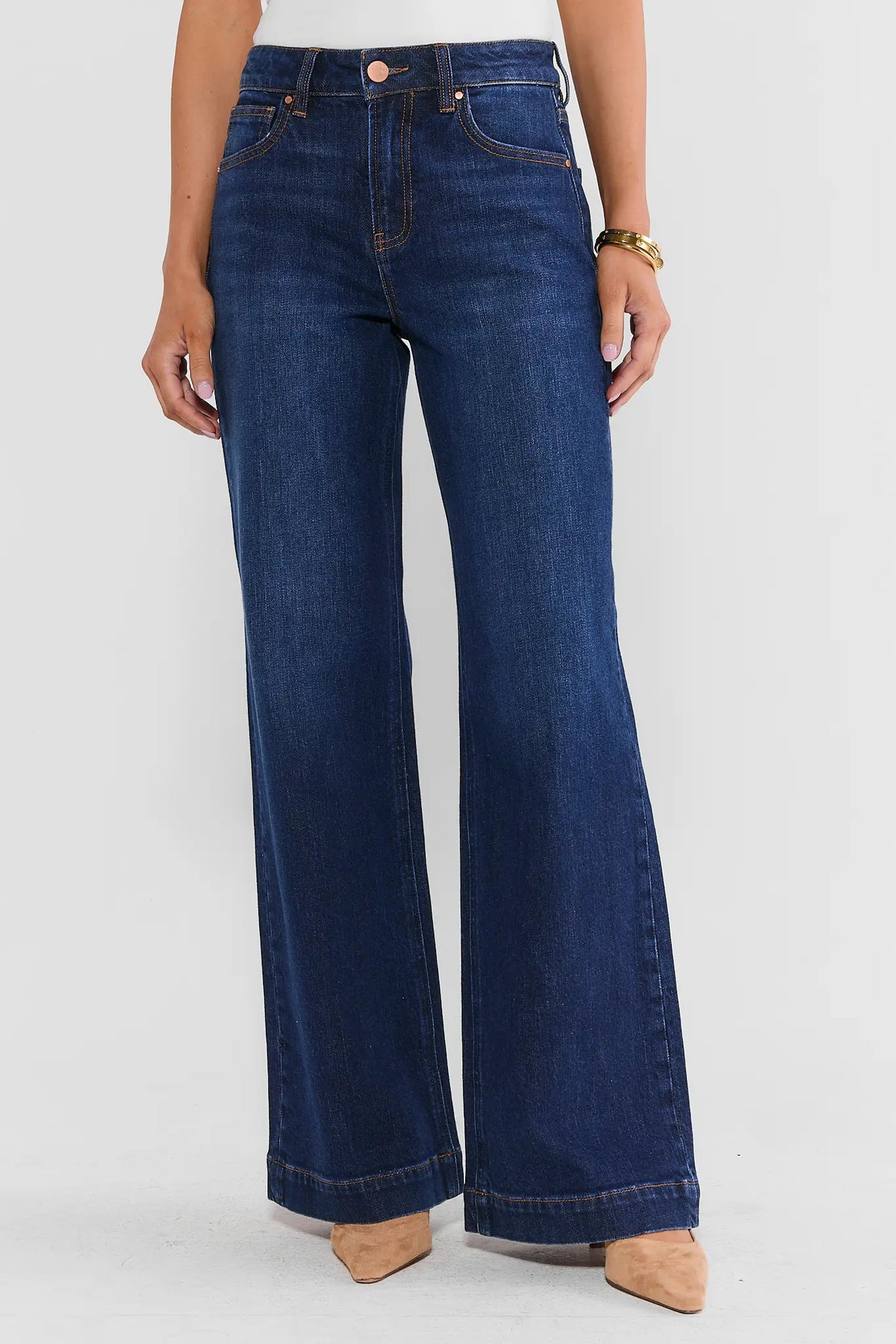Dark Wash High-Rise Wide Leg Jeans - Front View On Model with Rose Gold Hardware | Avara