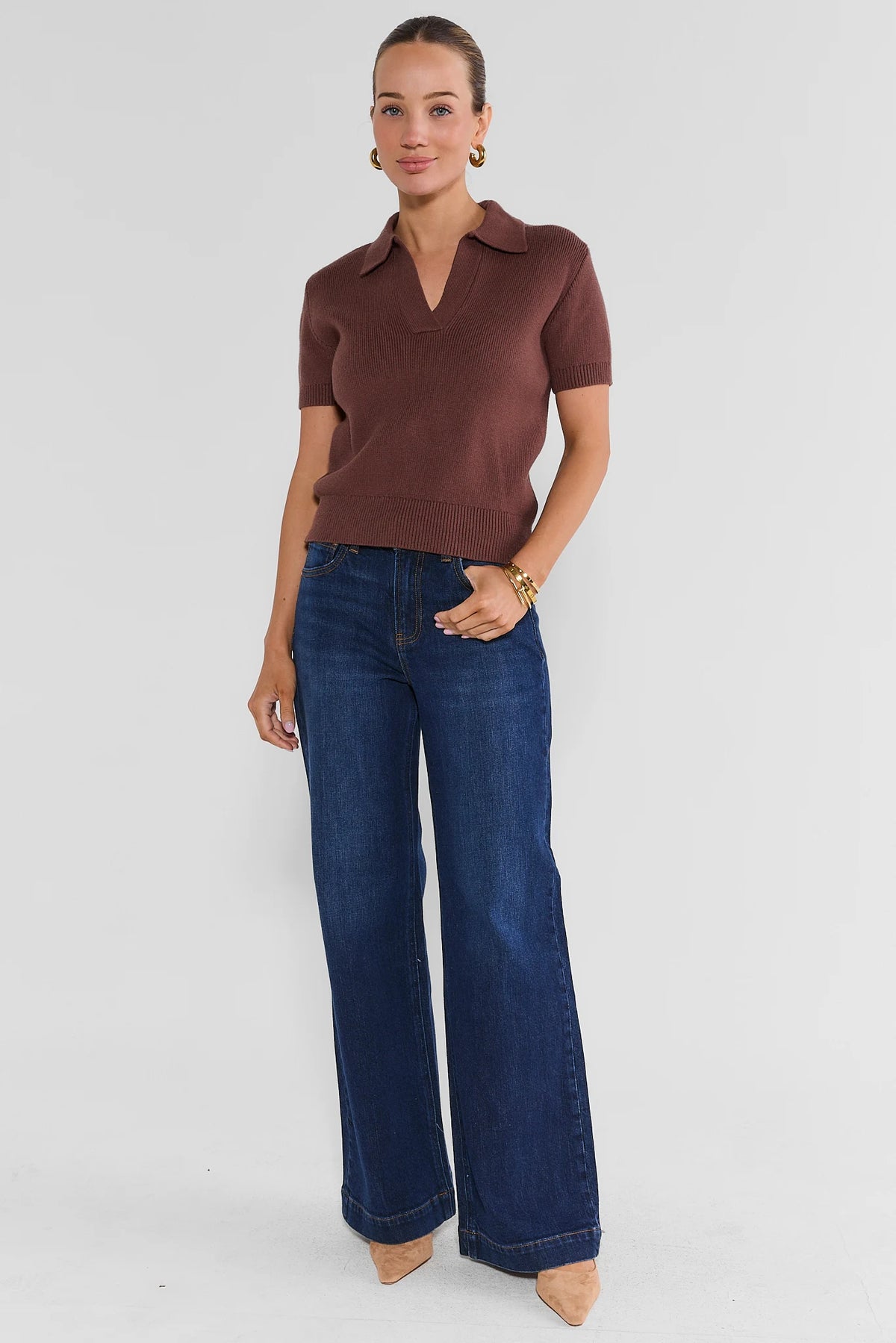 Dark Wash Wide Leg Jeans Styled with Brown Knit Top - Full Length On Model, Women's Denim | Avara