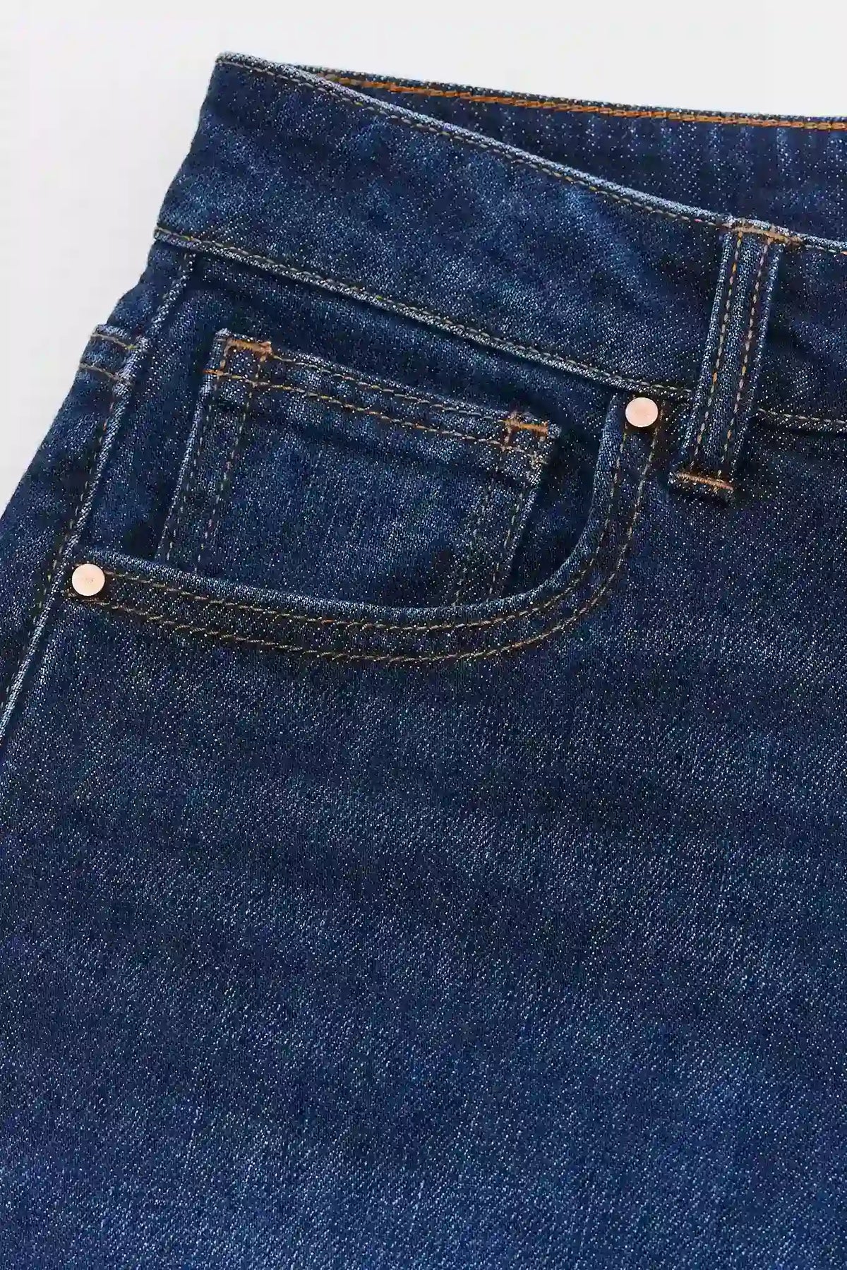 Dark Wash Wide Leg Jeans - Front Pocket & Rose Gold Copper Rivet Close-Up Fabric Detail | Avara