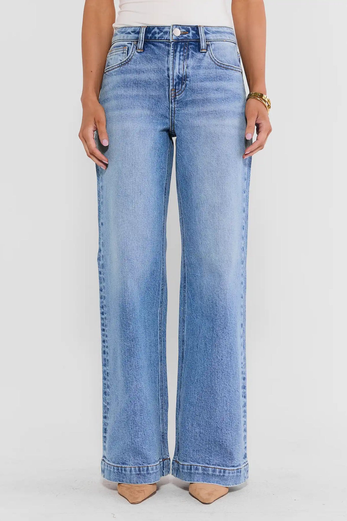Kayla Medium Wash High Rise Wide Leg Jeans - Front View On Model | Avara