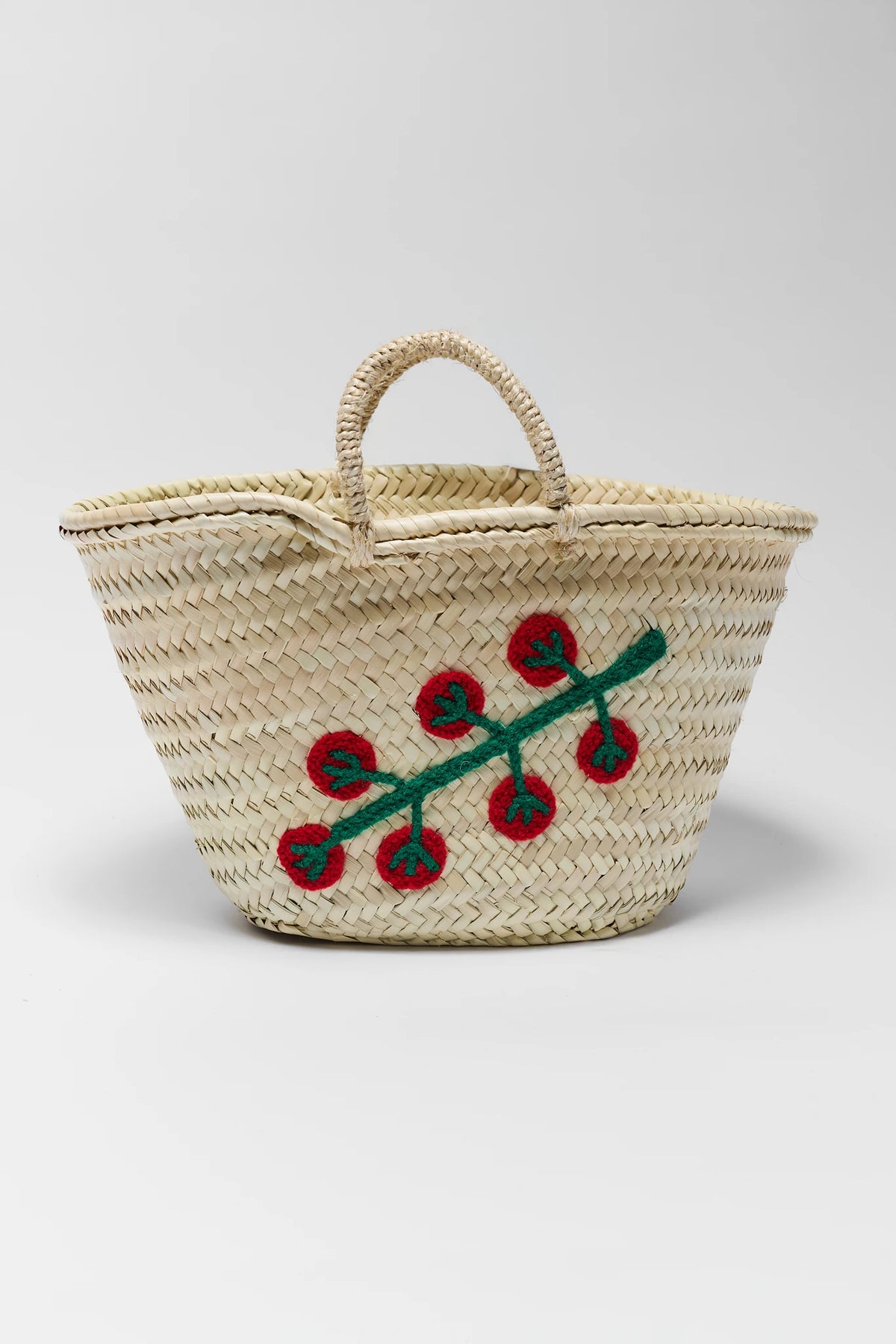 Tan Woven Crochet Detail Tote with red tomato crochet design - Front View | Avara