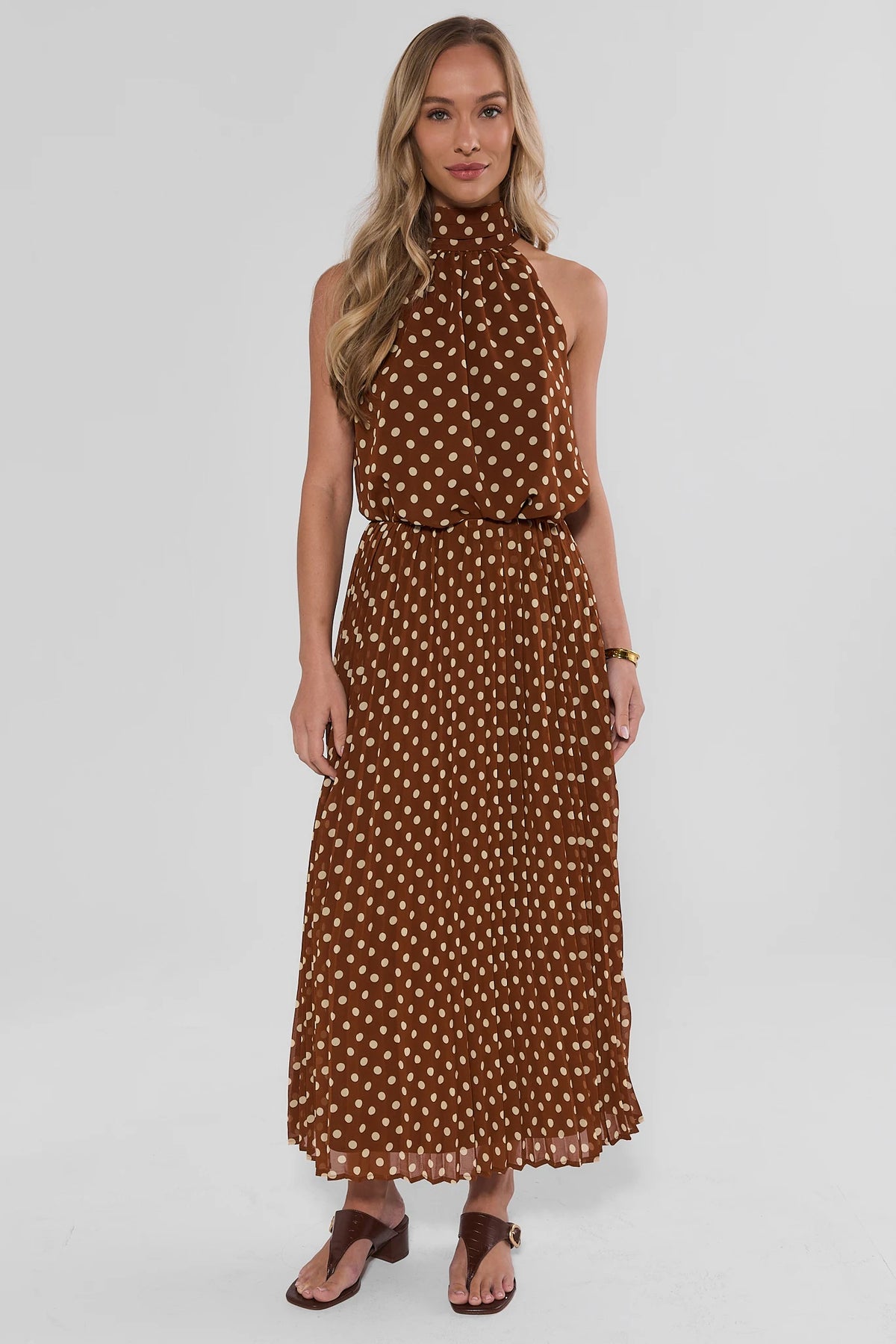 Brown Polka Dot Halter Tank Top styled as matching set with pleated maxi skirt - Full Length View | Avara