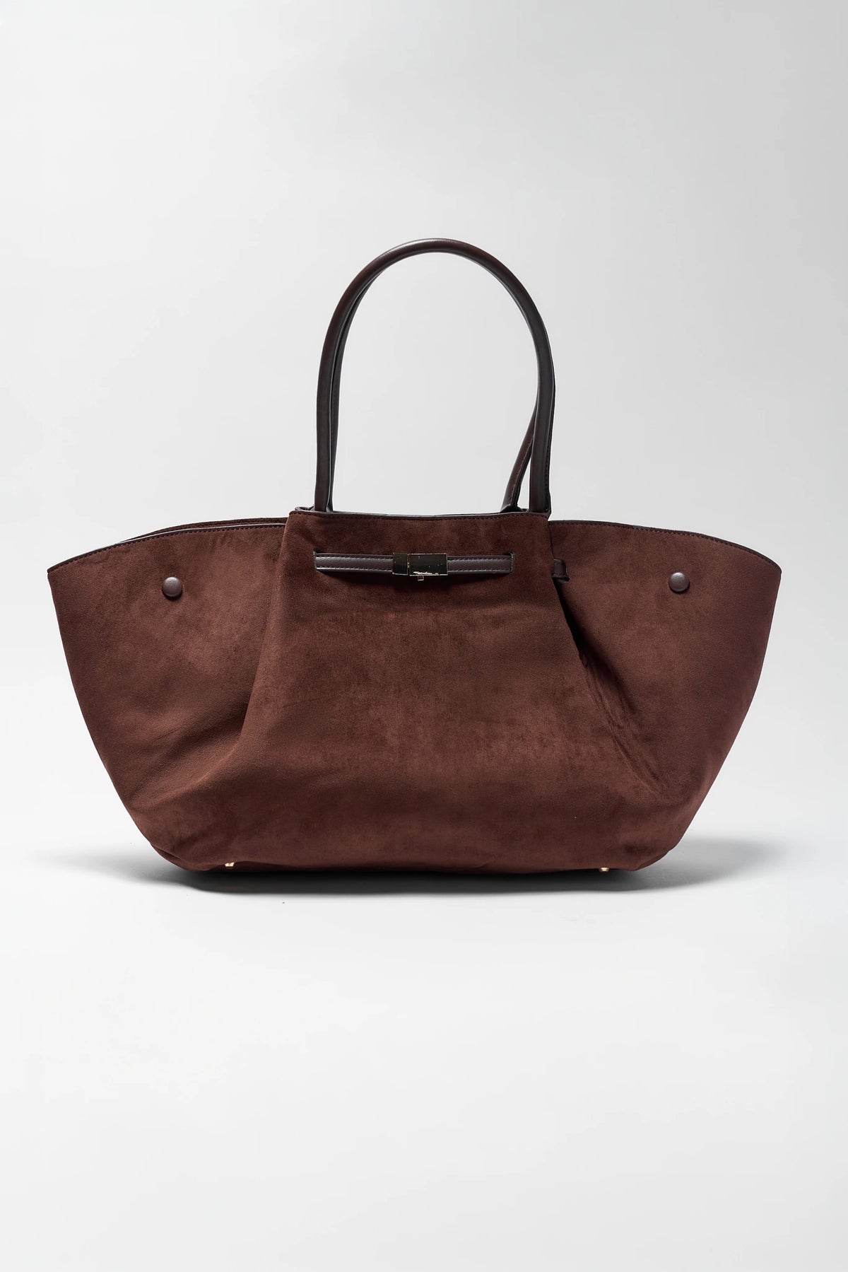 Brown Faux Suede Tote Bag - Front View | Avara