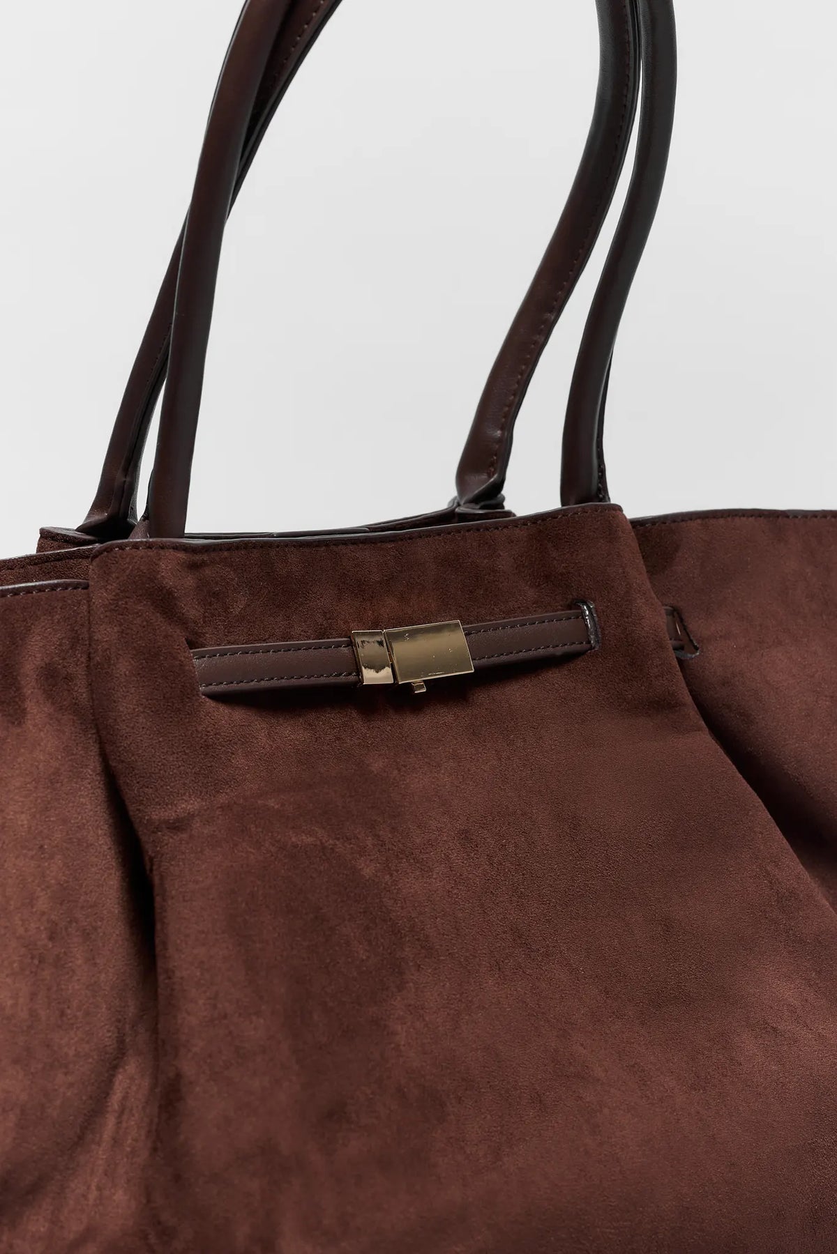 Brown Faux Suede Bag Gold-Tone Clasp Hardware Close-Up Detail | Avara