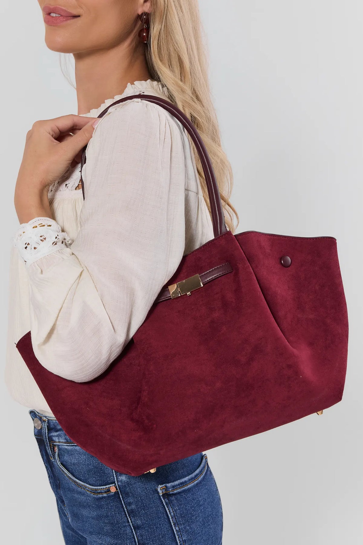Burgundy Faux Suede Tote Bag On Model with Gold Hardware - Styled Look | Avara