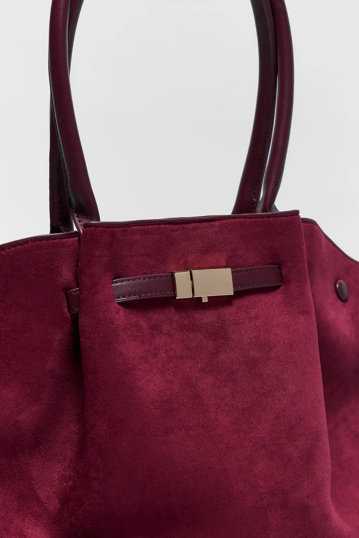 Burgundy Faux Suede Bag Gold-Tone Buckle Detail Close-Up | Avara