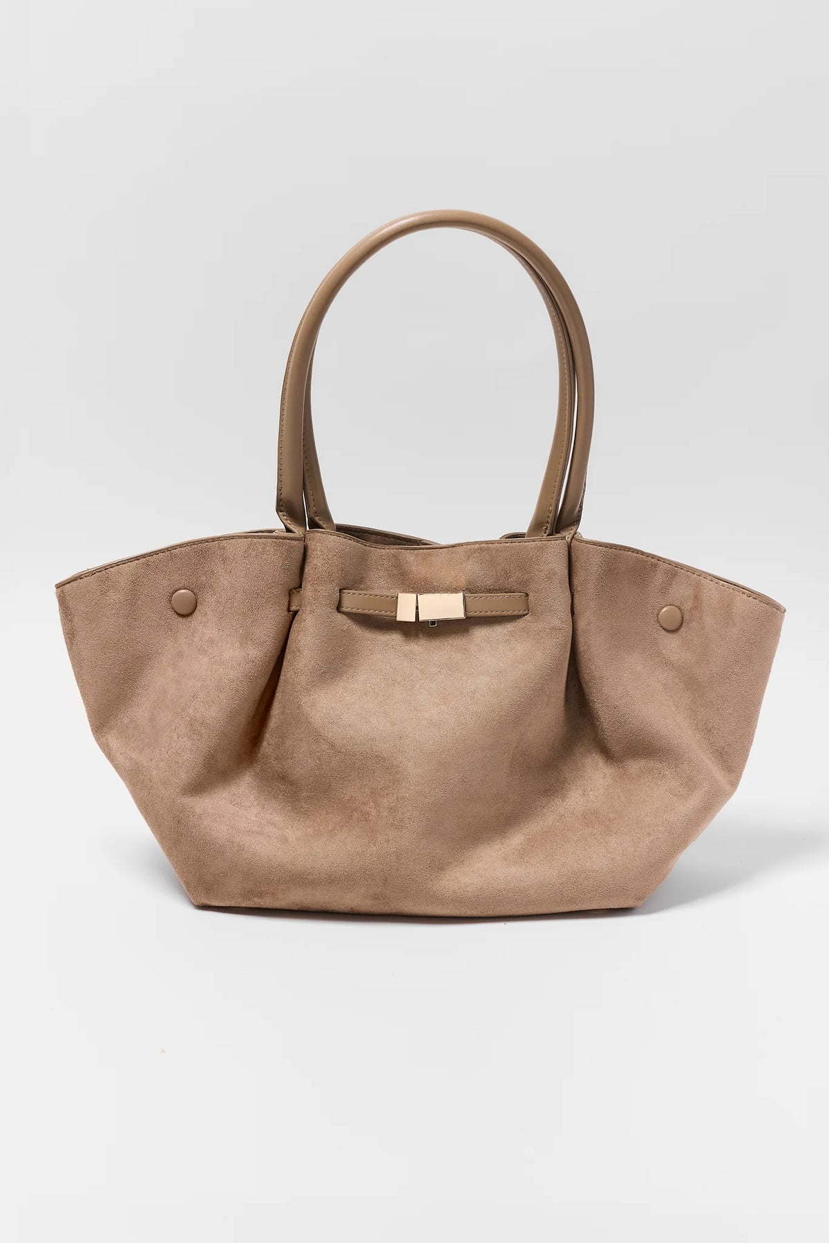 Taupe Faux Suede Shoulder Bag with Gold-Tone Hardware - Front View | Avara