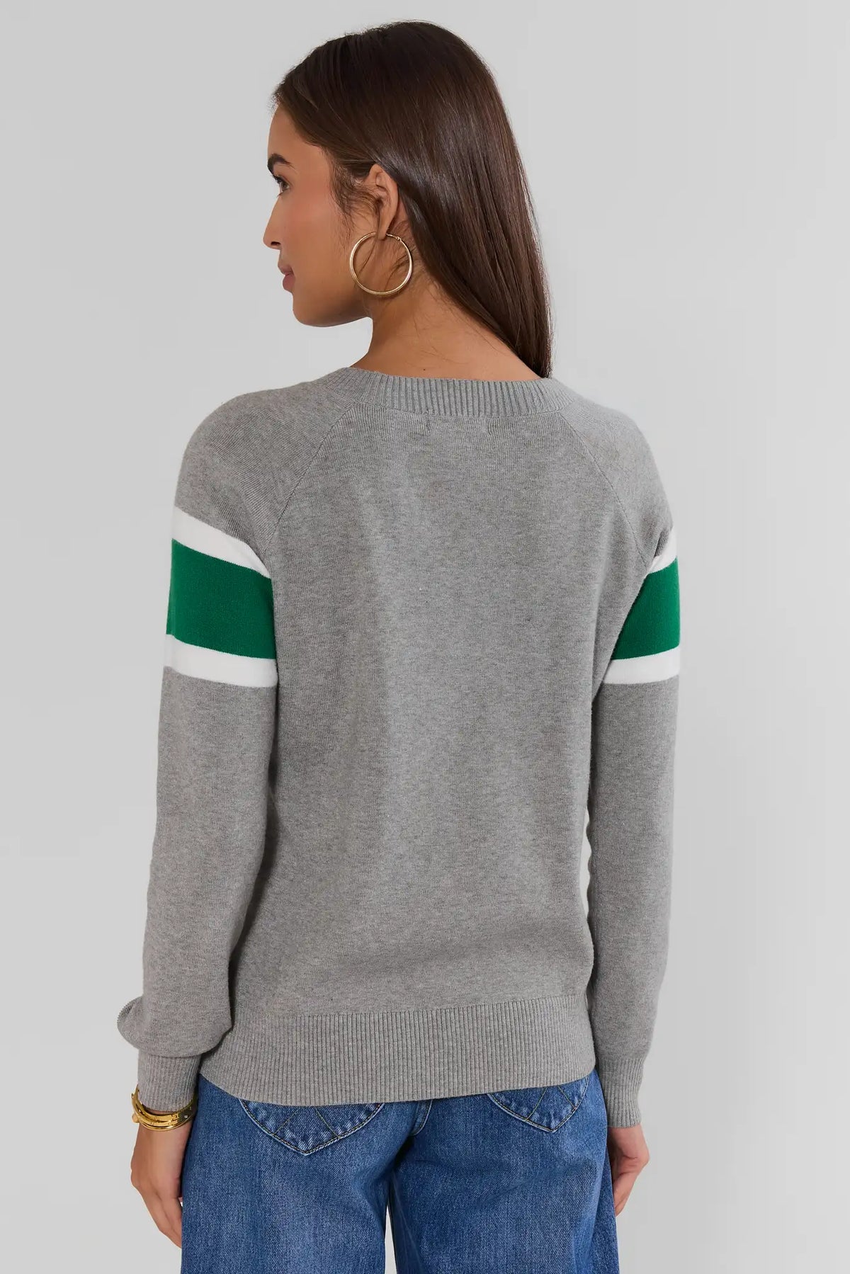 Dylan Green Stripe Sweater showing green and white sleeve stripe detail on gray knit - Back View | Avara