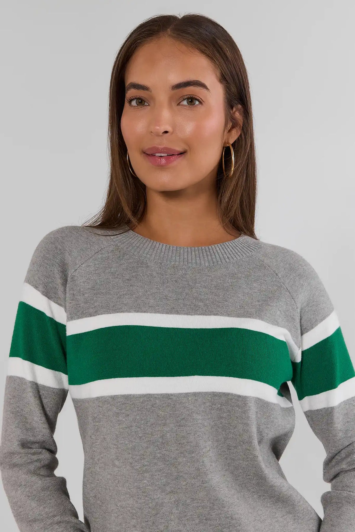 Dylan Green Stripe Sweater close-up showing green and white stripe detail at chest - Detail View | Avara