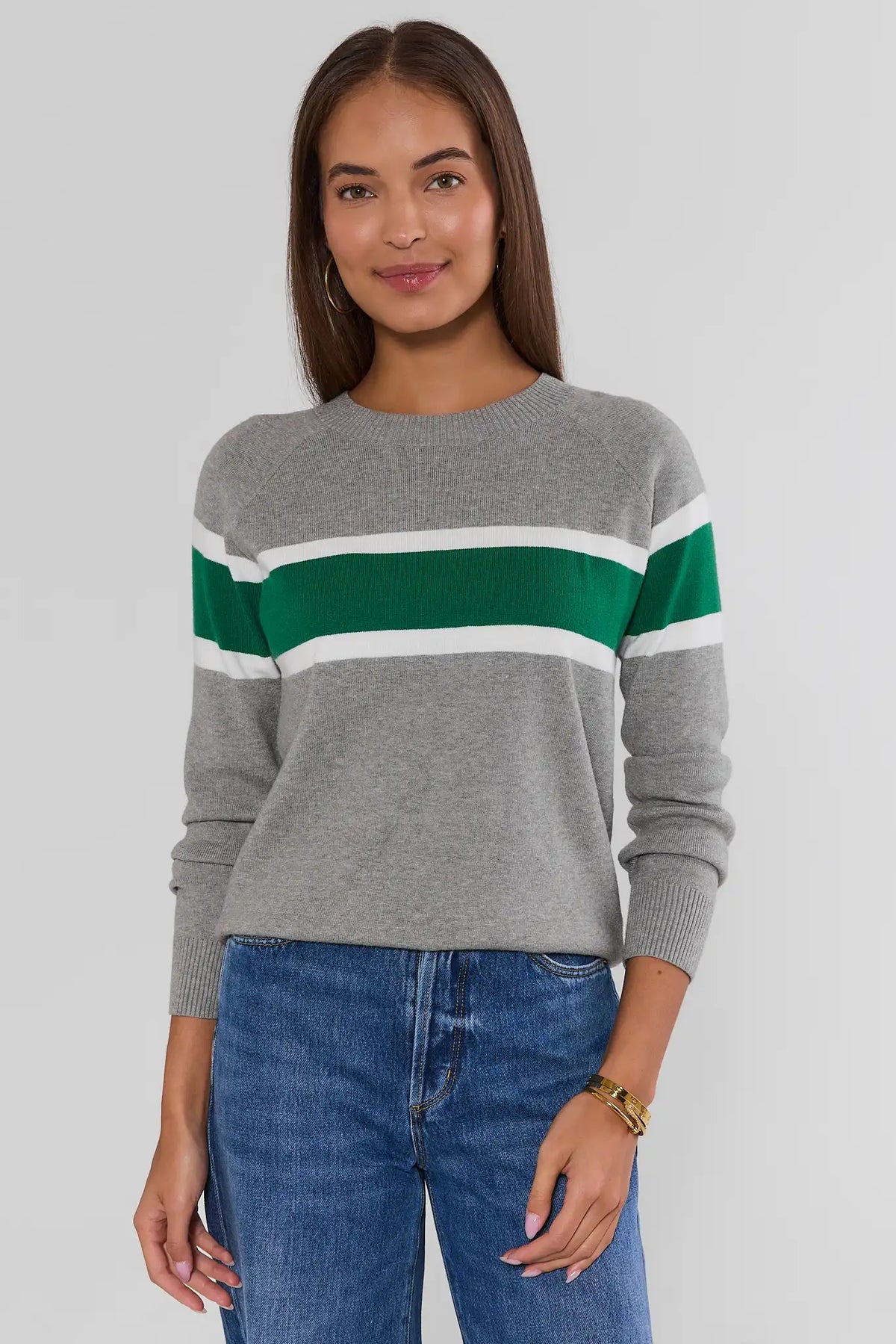 Dylan Green Stripe Sweater in gray knit with green and white colorblock stripes - Front View | Avara