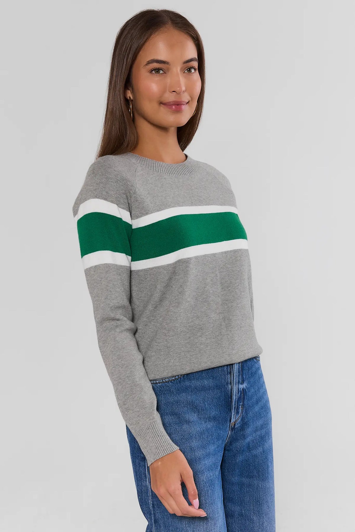 Dylan Green Stripe Sweater in heather gray with green and white stripes - Side View | Avara