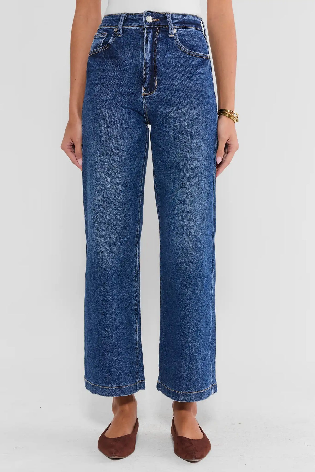 Kimberly Medium Wash Wide Leg Jeans - Front View On Model with Flats | Avara
