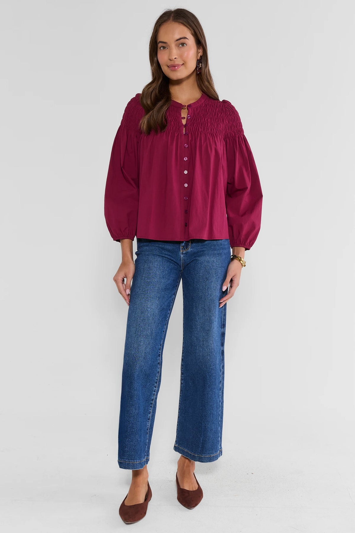 Medium Wash Wide Leg Jeans Styled with Berry Blouse - Full Length Outfit On Model | Avara