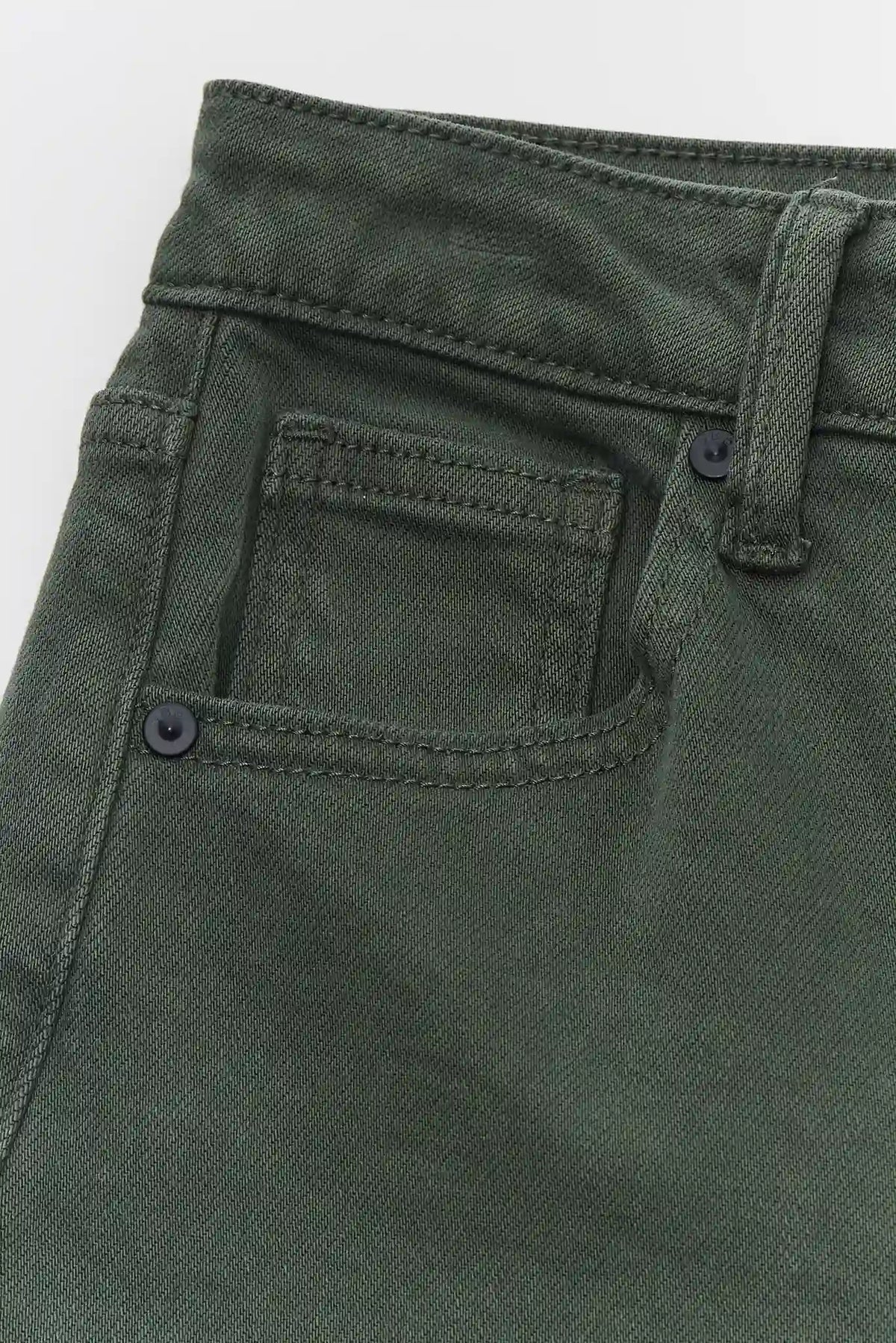Dark Olive Denim Wide Leg Jeans - Waistband, Front Pocket & Button Close-Up Detail | Avara