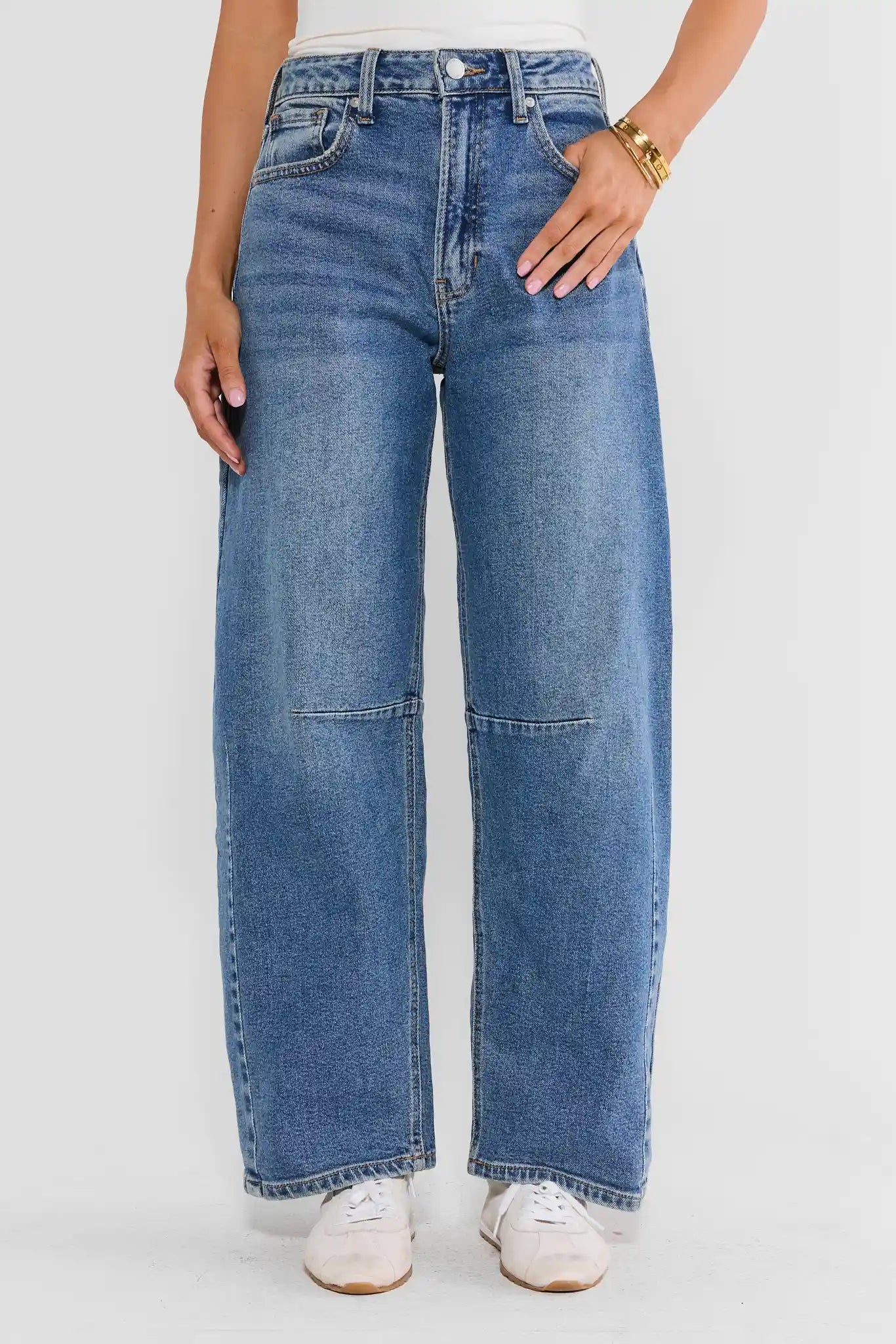 Medium Wash High-Rise Harper Barrel Leg Jeans - Front View On Model | Avara