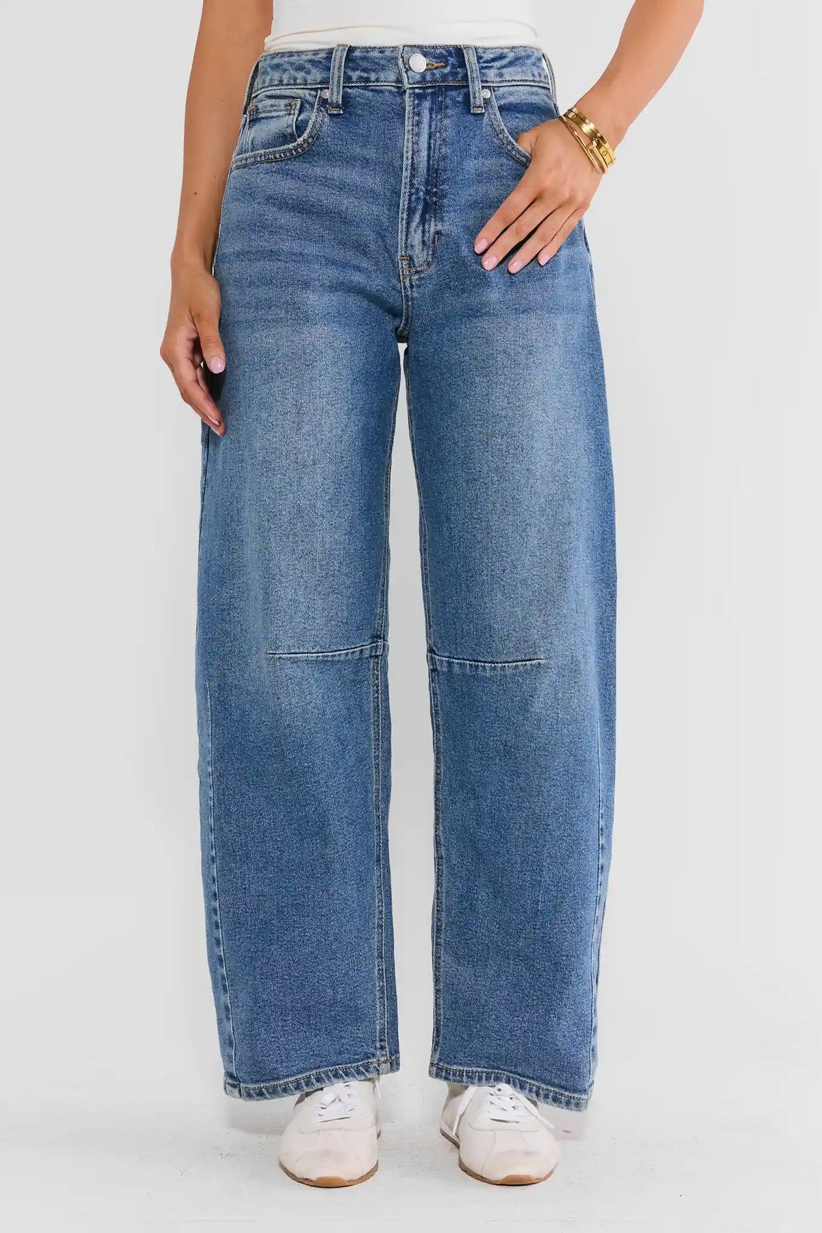 Medium Wash High-Rise Harper Barrel Leg Jeans - Front View On Model | Avara