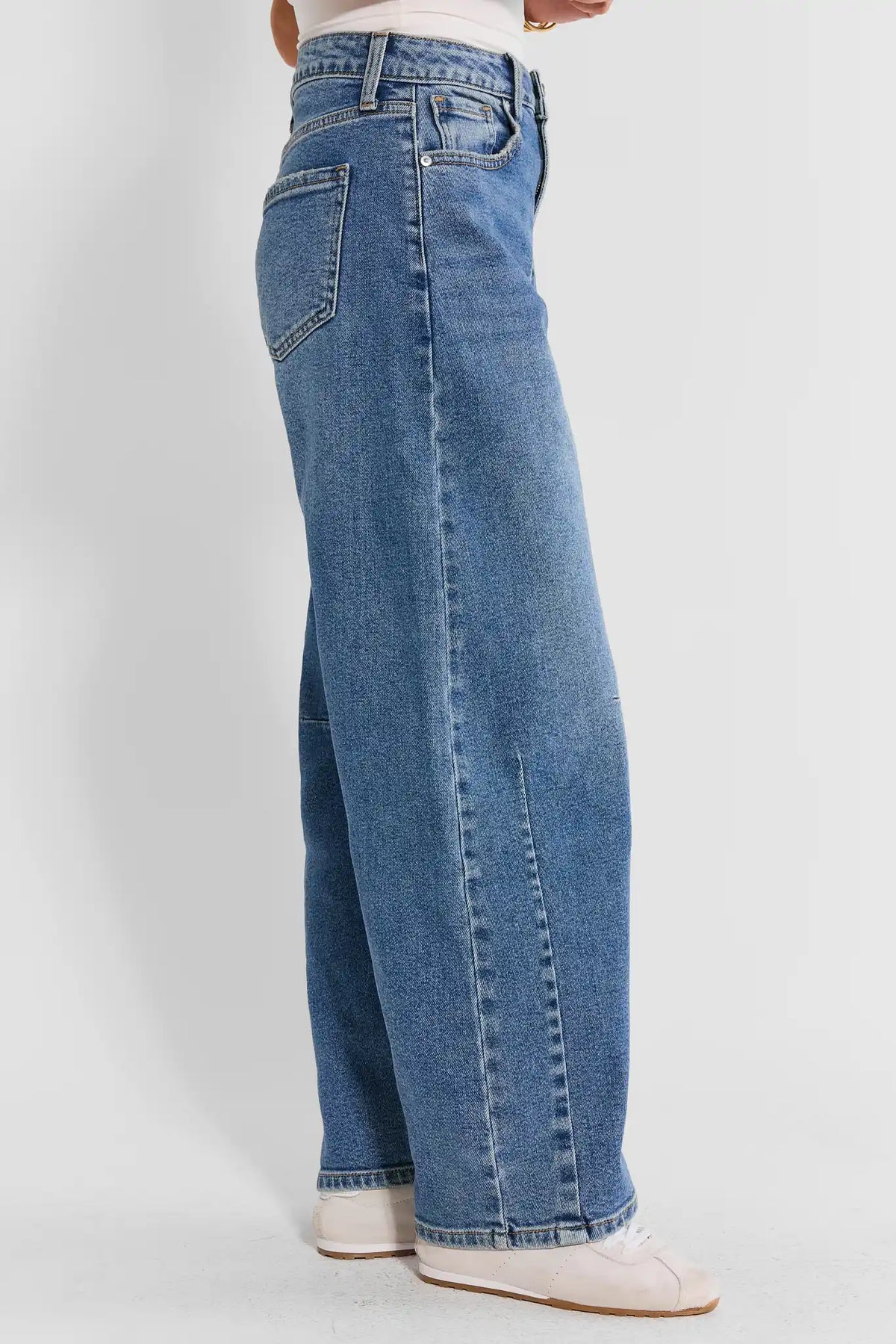 Medium Wash High-Rise Harper Barrel Leg Jeans - Side Profile Showing Wide Leg Silhouette | Avara