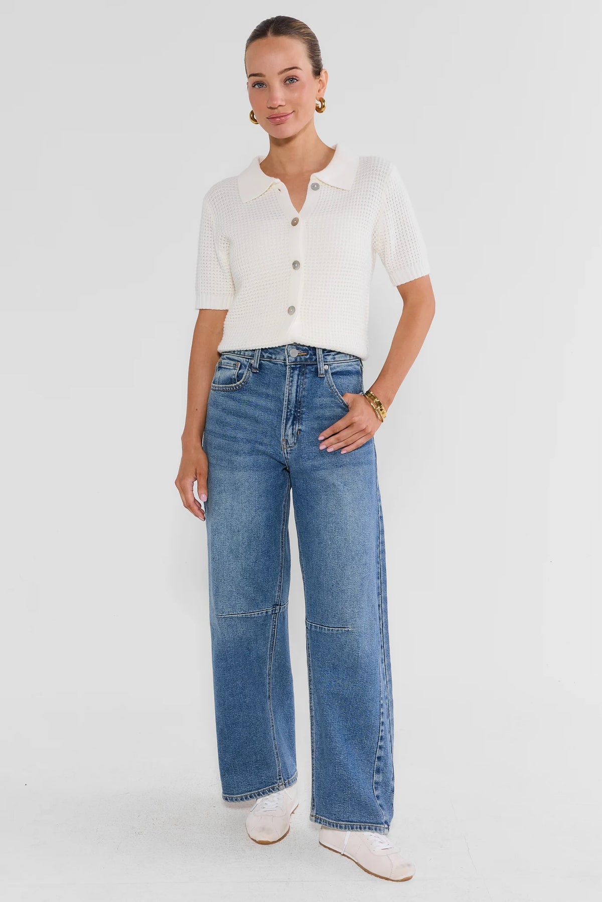 Medium Wash Harper Barrel Jeans - Full Length Styled Look with White Knit Top On Model | Avara