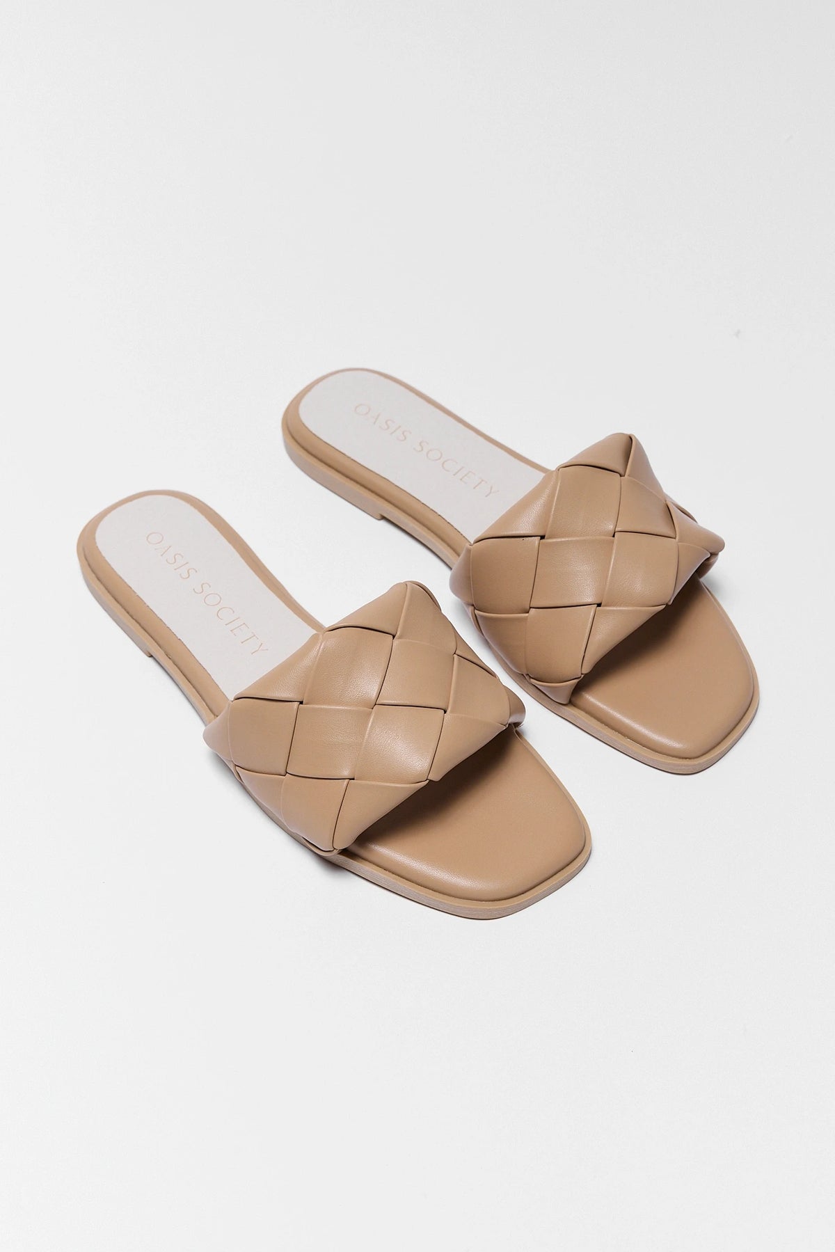 Tan Woven Sandals - Angled Pair View, Women's Square Toe Slip-On Slides | Avara