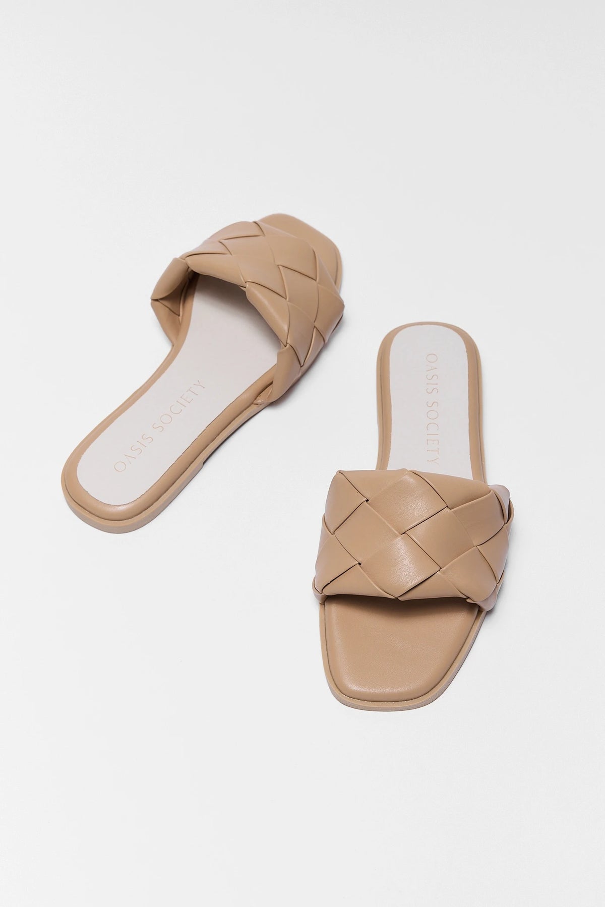 Tan Woven Sandals - Overhead Pair View, Square Toe Slip-On Slides | Avara