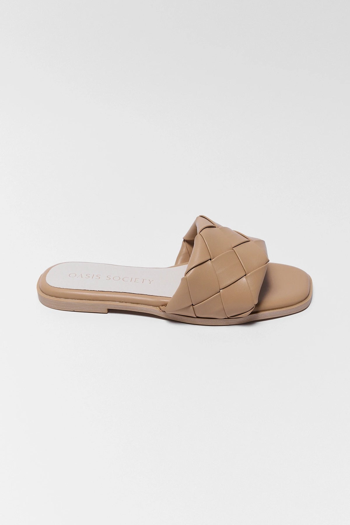 Tan Woven Sandal - Side Profile, Faux Leather Slide with Square Toe | Avara
