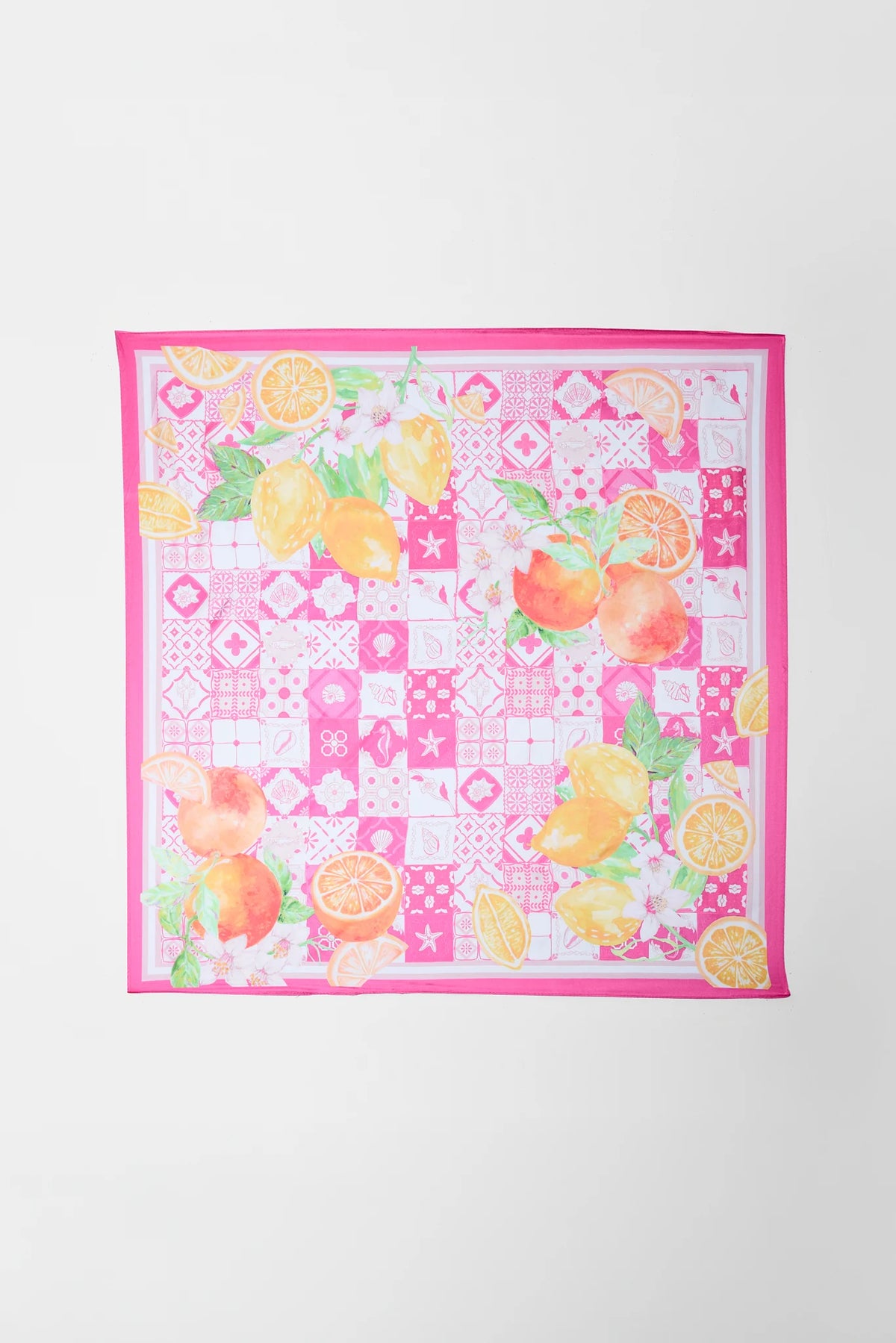 Fruit patterned fabric square scarf on a white background