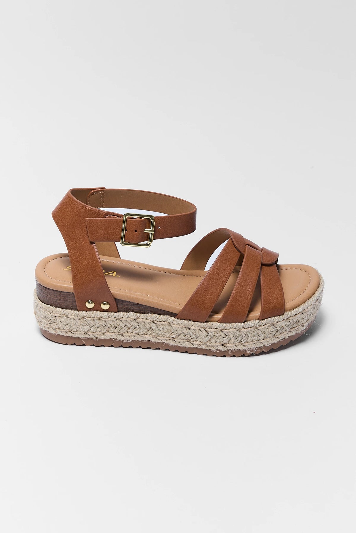 Tan Espadrille Platform Sandal - Side Profile showing Jute Sole and Gold Buckle Ankle Strap | Avara
