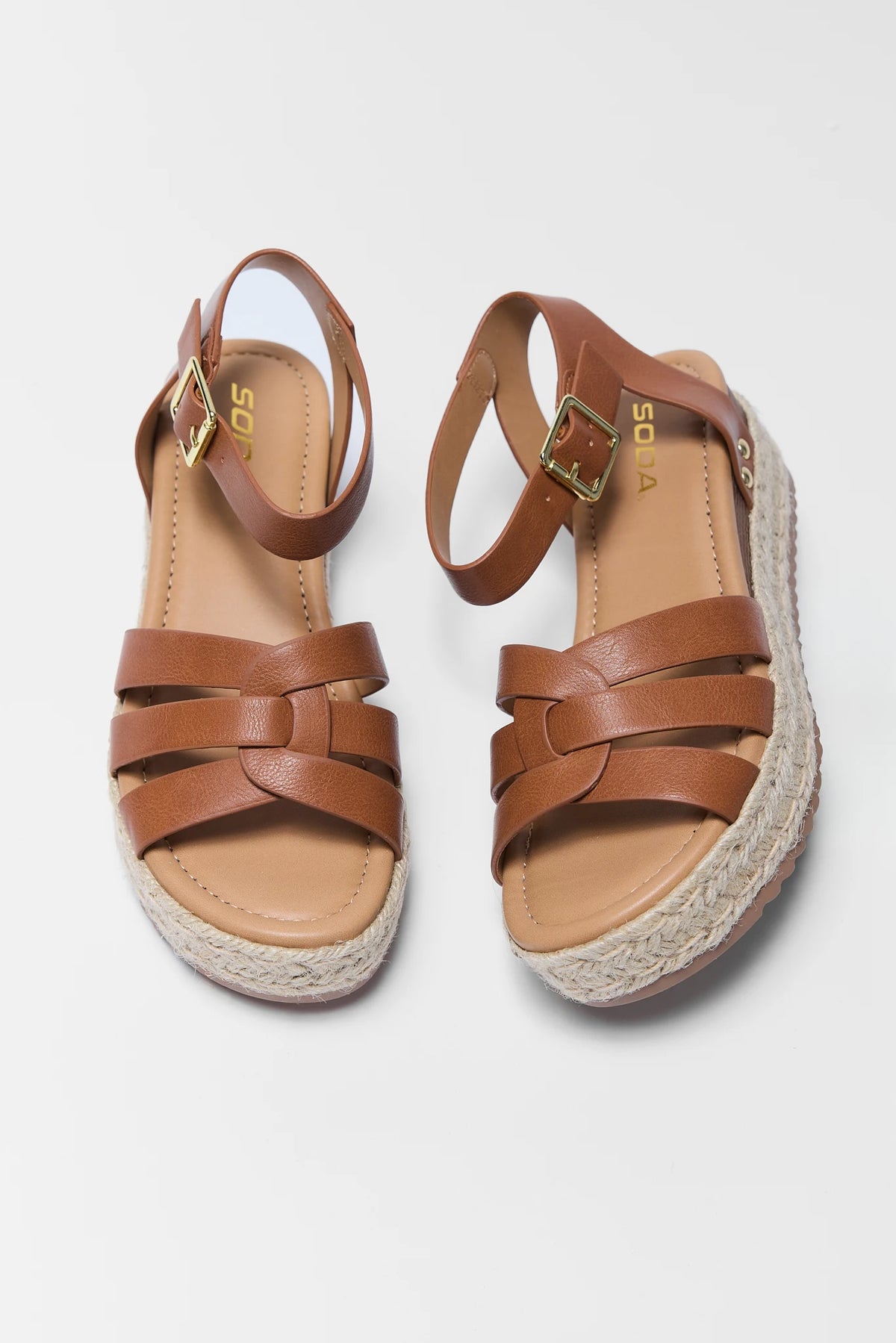 Tan Espadrille Platform Sandals - Top-Down Pair View with Crossover Straps | Avara