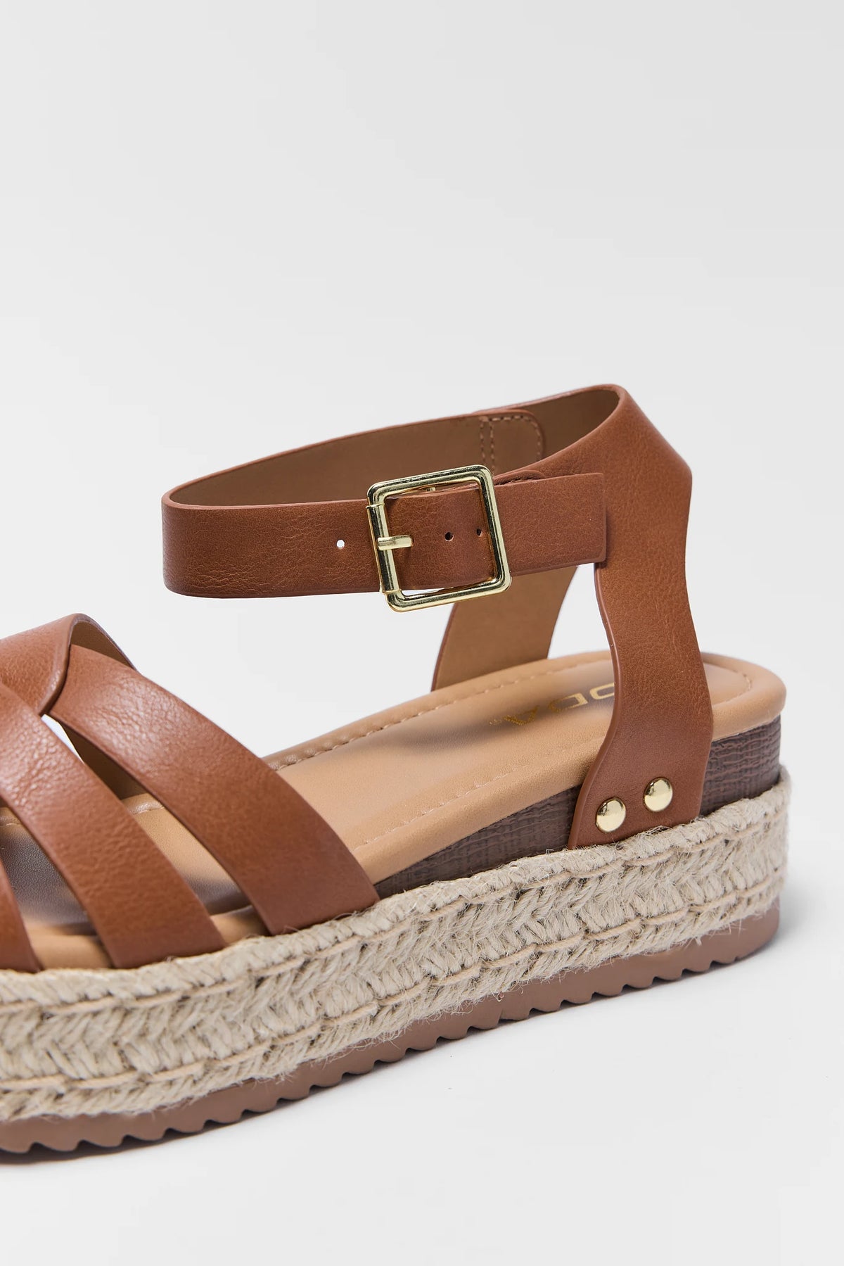 Tan Espadrille Platform Sandal - Close-Up of Woven Jute Sole and Gold Buckle Strap Detail | Avara