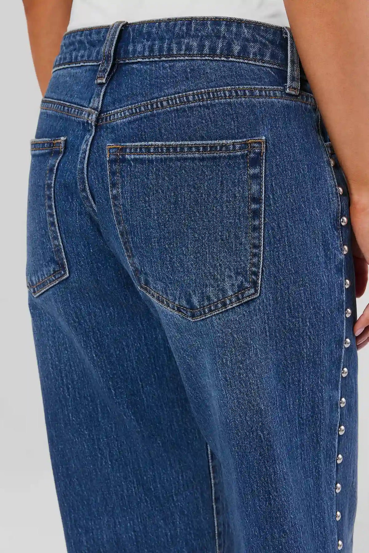 Medium Wash Studded Straight Leg Jeans - Back Pocket & Side Stud Detail Close-Up | Avara
