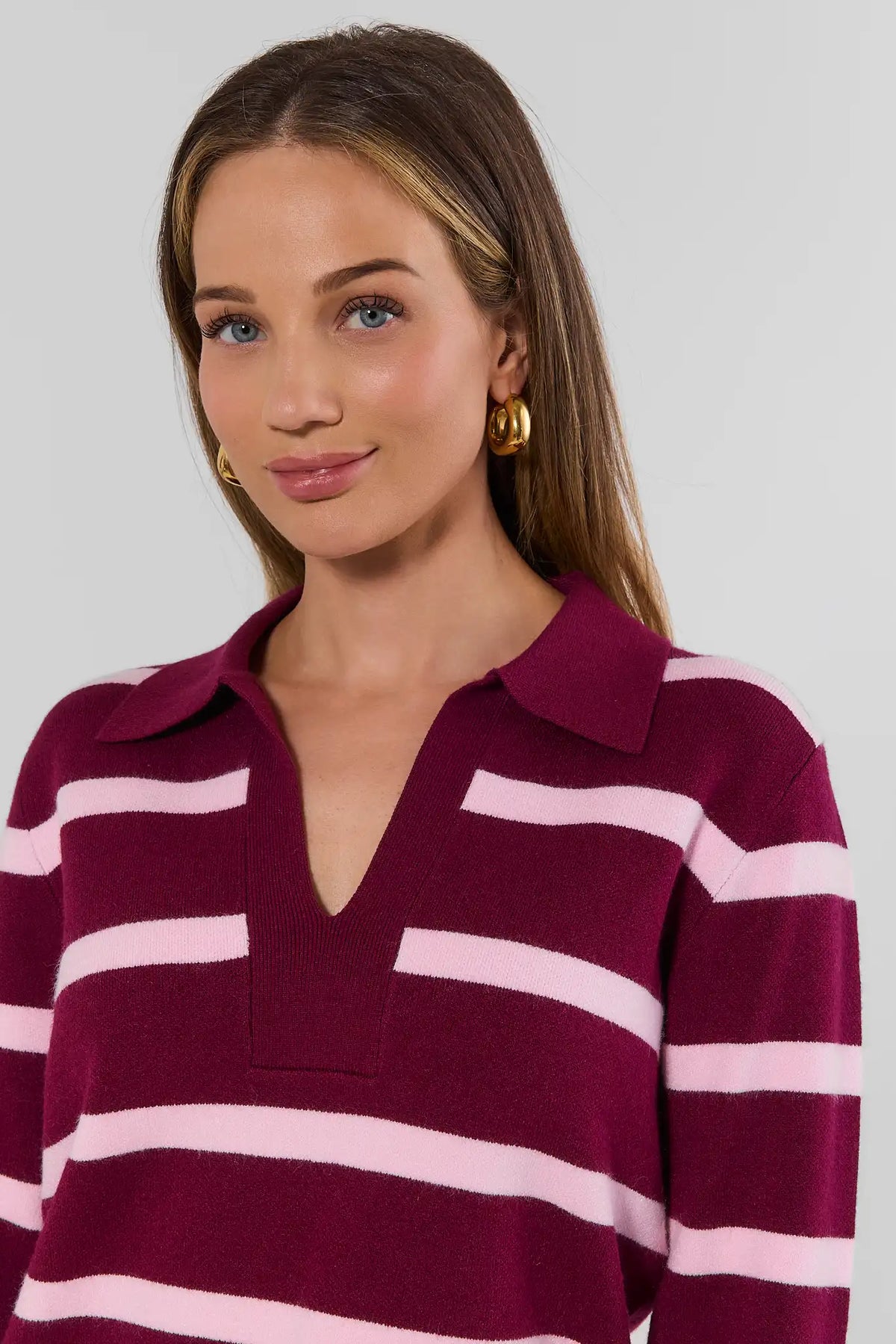 Burgundy Striped Sweater V-Neck Polo Collar Close-Up Detail On Model | Avara