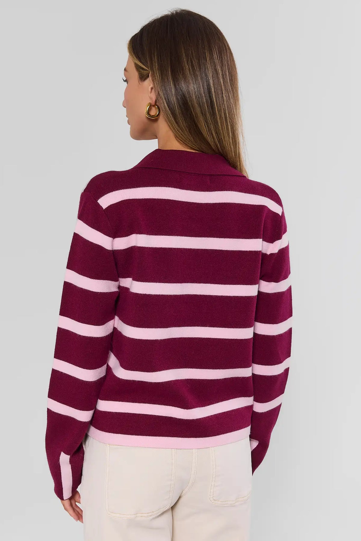 Burgundy Pink Striped Women's Collared Sweater - Back View On Model with White Jeans | Avara