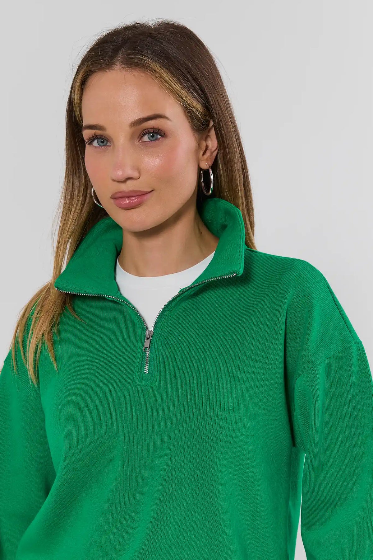 Green Quarter Zip Pullover - Zipper Detail Close-Up | Avara