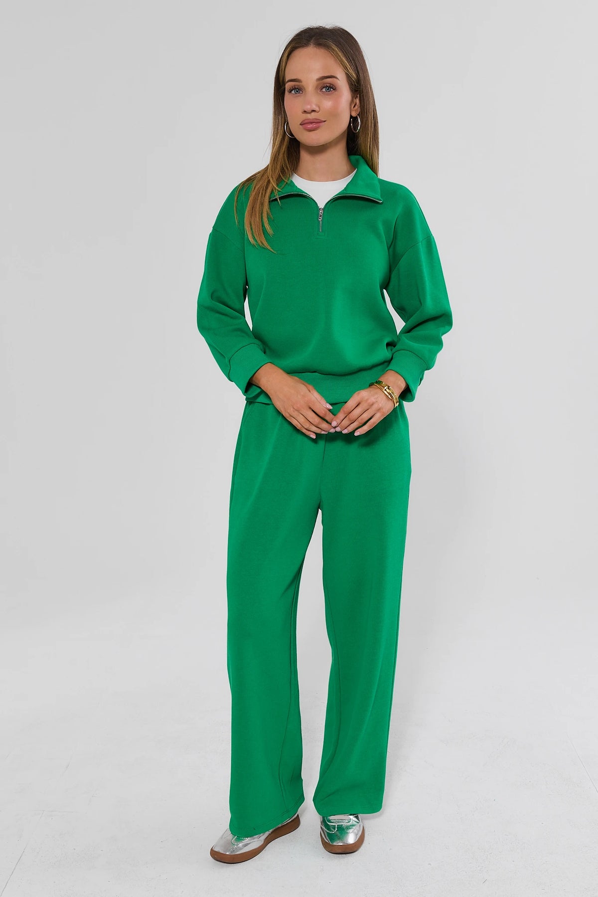 Green Quarter Zip Pullover Styled with Matching Wide-Leg Pants - Full Length | Avara