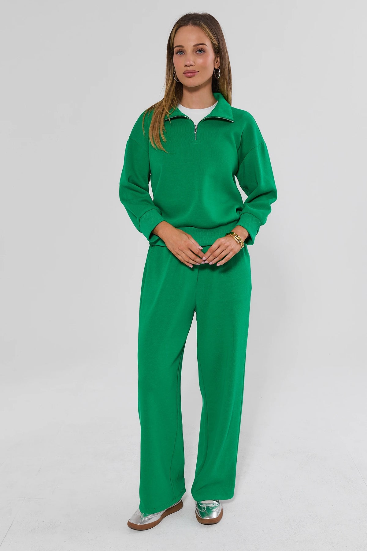 Green Wide Leg Pants Styled with Matching Quarter-Zip - Full Length Look | Avara
