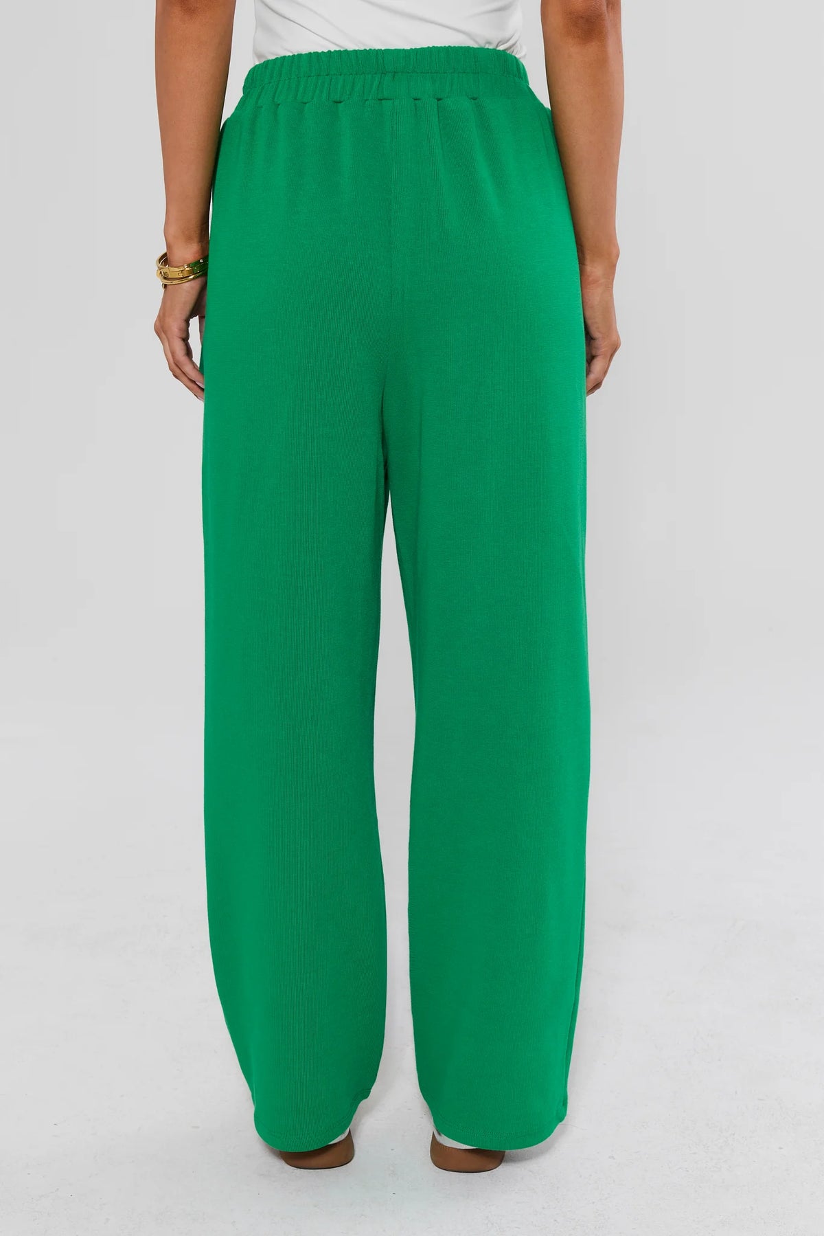 Green Elastic Waist Wide Leg Pants - Back View Showing Stretch Waistband | Avara