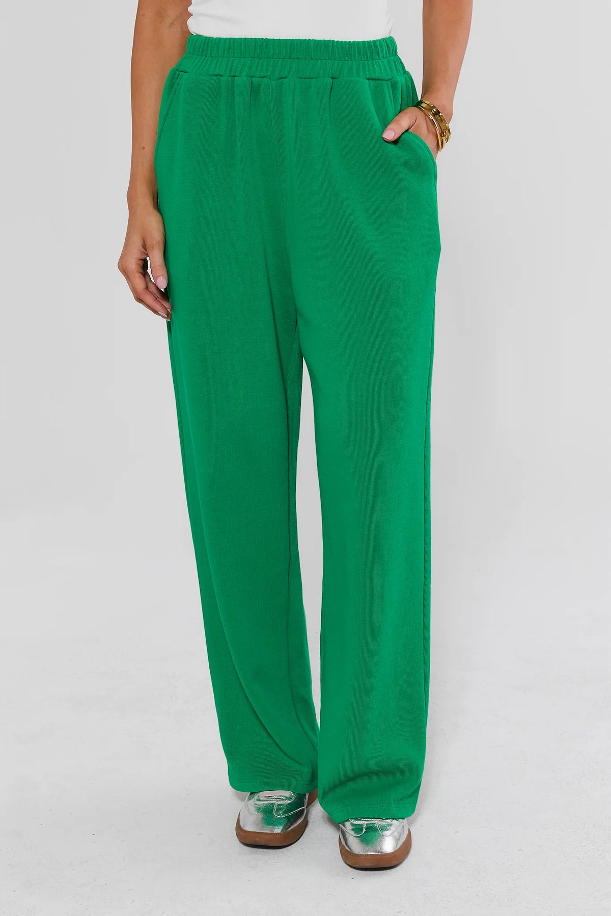 Green Elastic Waist Wide Leg Pants - Front View On Model | Avara