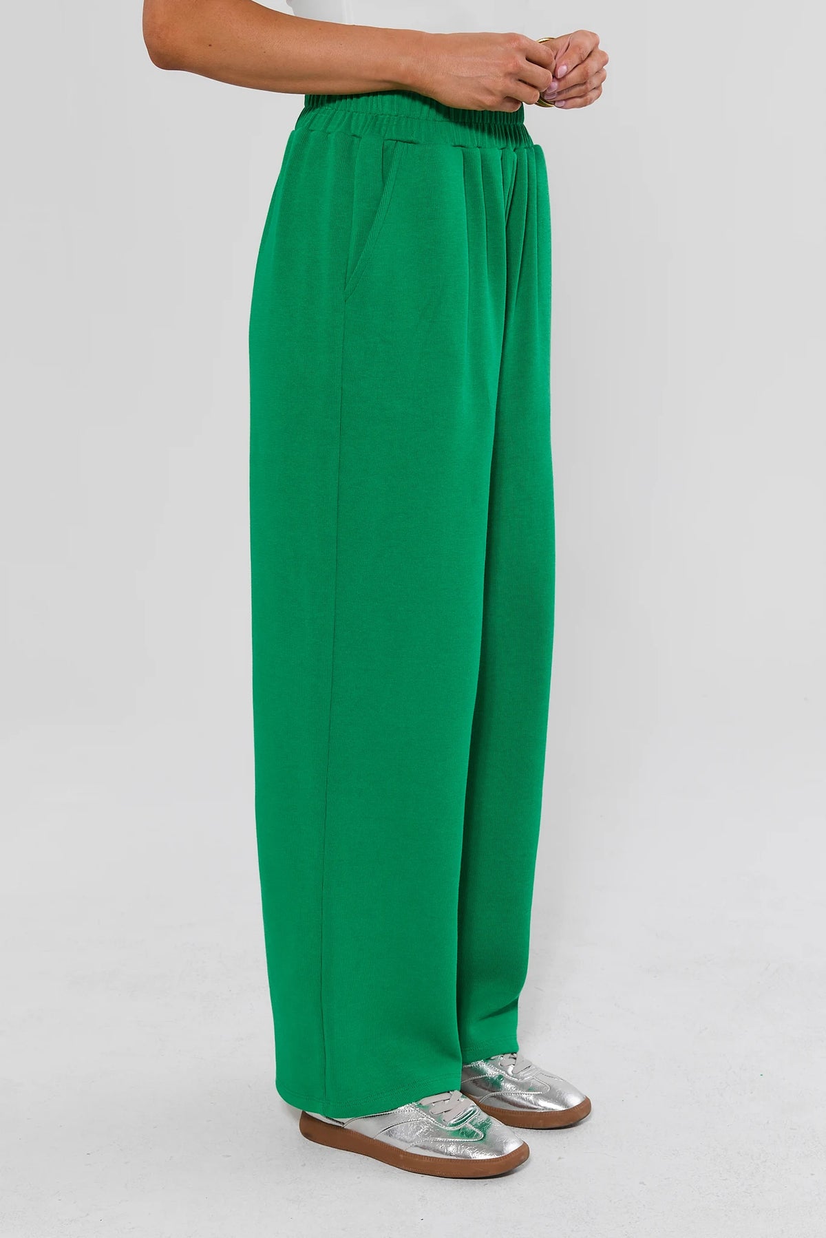 Green Elastic Waist Wide Leg Pants - Side View Showing Relaxed Silhouette | Avara
