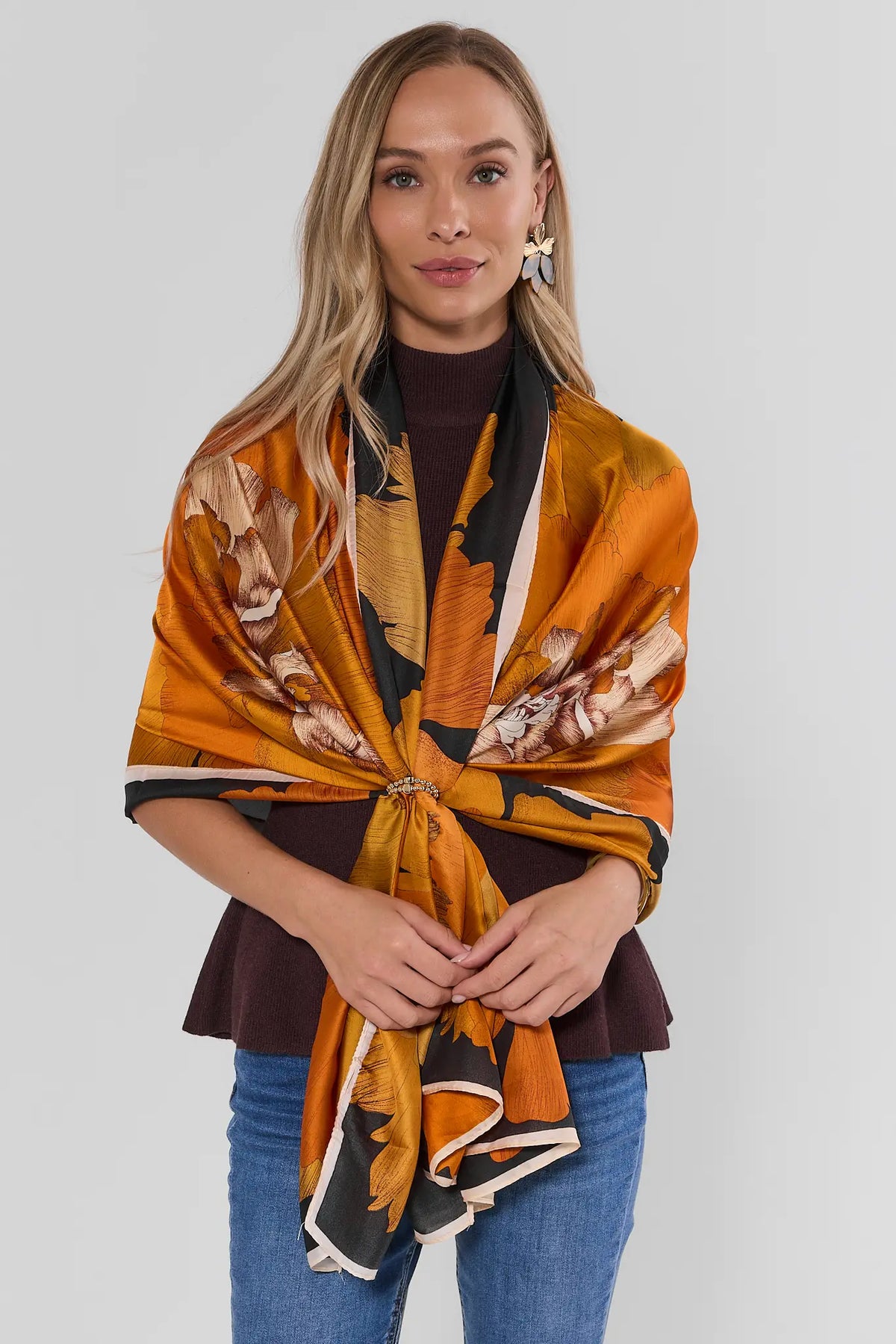 Orange Floral Satin Wrap Scarf - On Model Front View, Tied with Brooch | Avara
