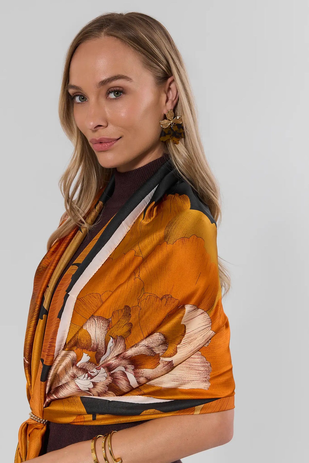 Orange Floral Satin Wrap Scarf - On Model Side View, Draped Style | Avara
