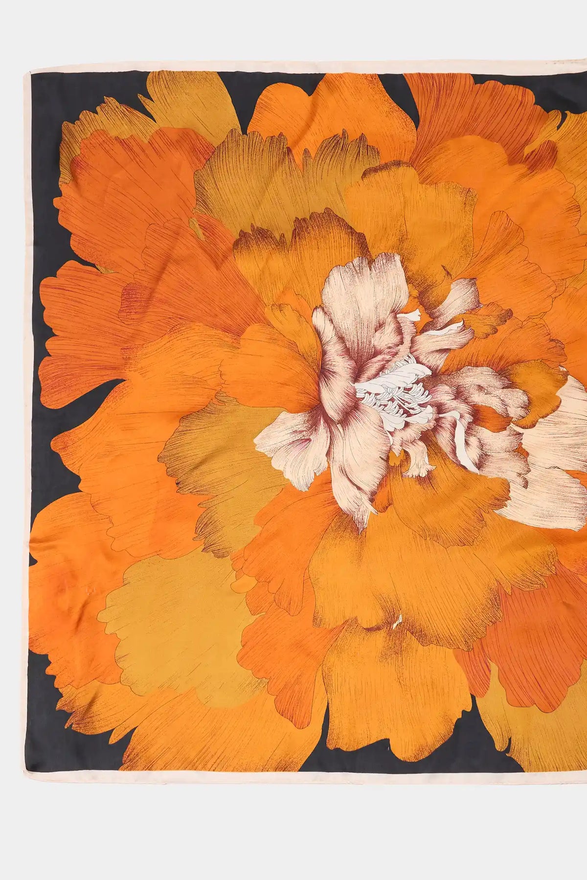 Orange Floral Print Wrap - Flat Lay Print Detail, Bold Peony on Black | Avara