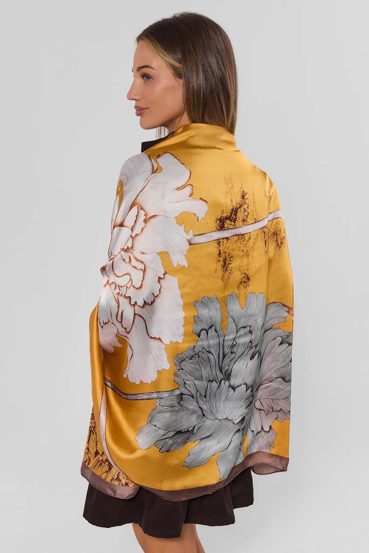 Yellow Floral Satin Wrap - On Model Back View, Draped Over Shoulders | Avara