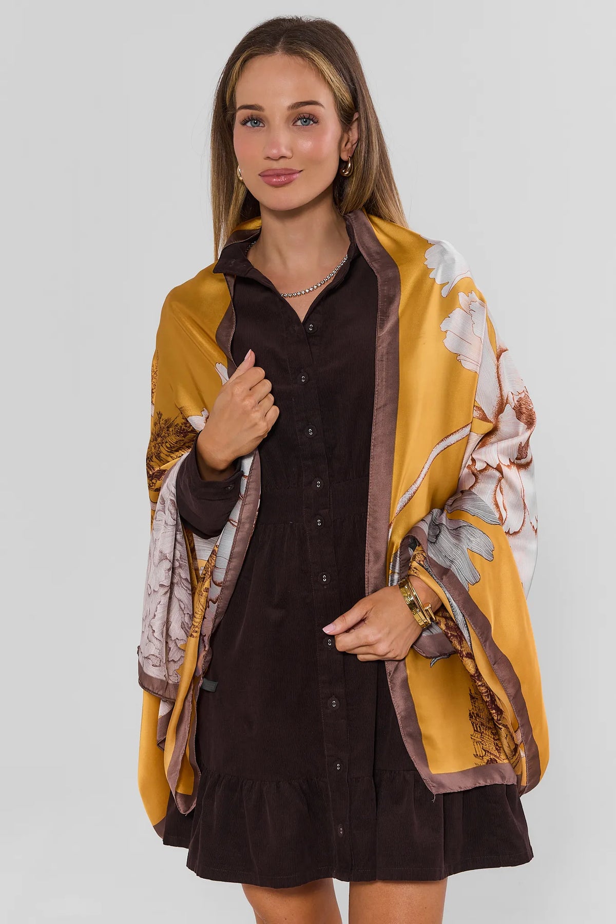 Yellow Floral Wrap Styled Over Dark Button-Down Dress - Front View On Model | Avara