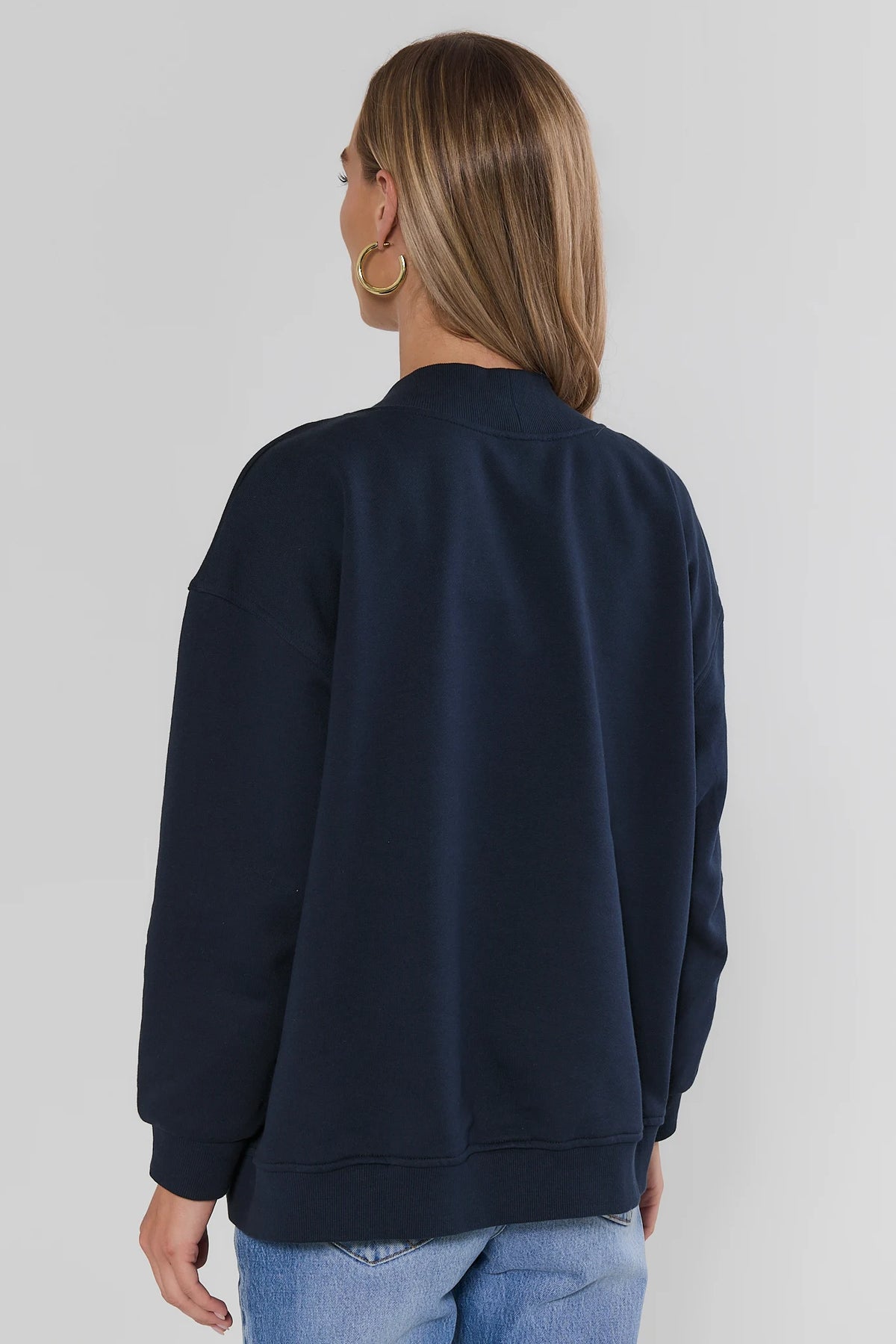 Navy Blue Open Front Cardigan - Back View Showing Ribbed Hem Detail | Avara