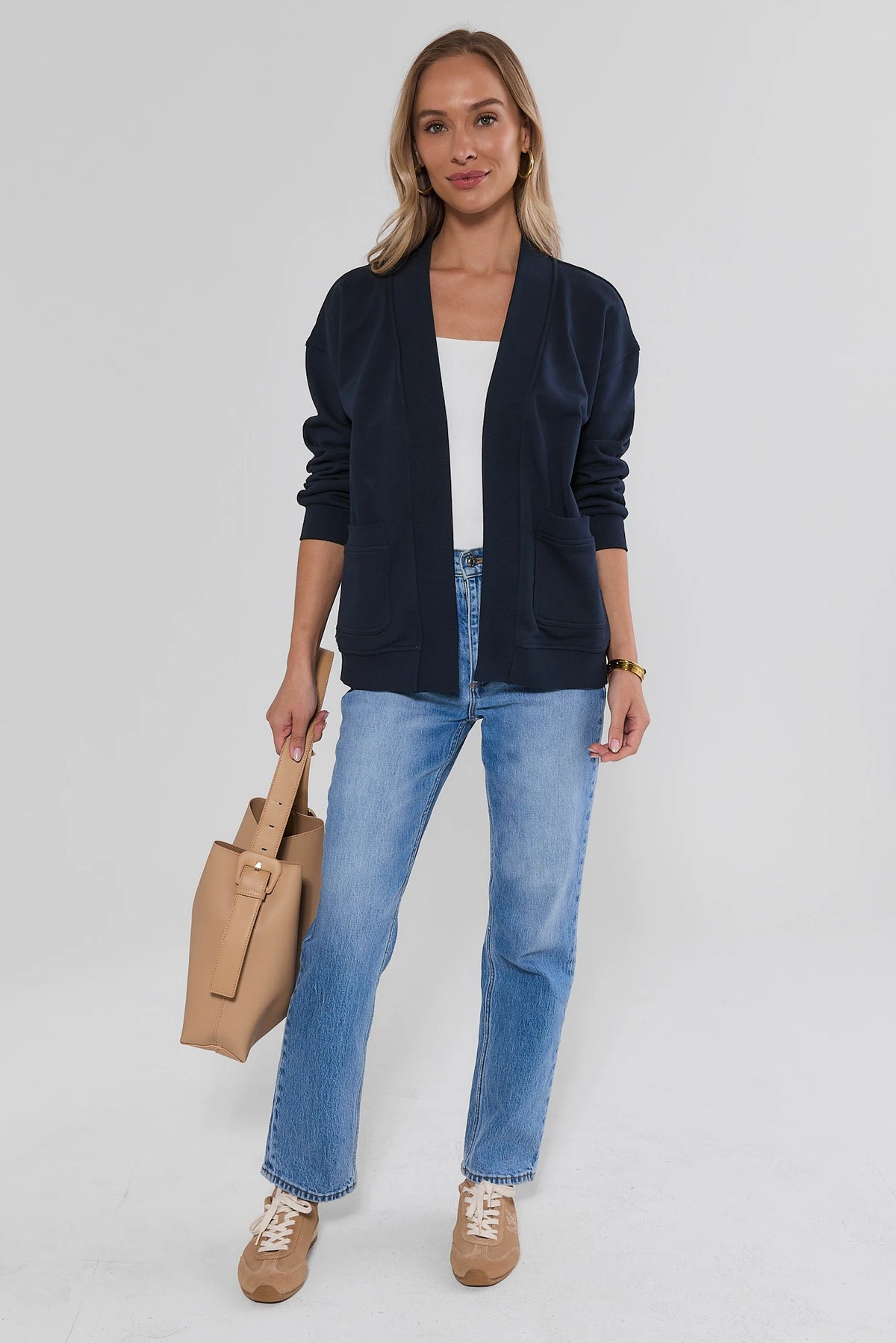 Navy Open Cardigan Styled with Tote Bag and Jeans - Full Length View | Avara