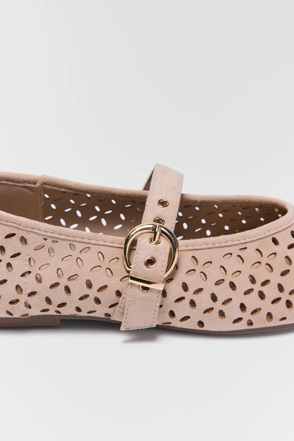 Taupe Faux Suede Ballet Flat floral cutout upper with gold-tone buckle strap - Close-Up Detail | Avara
